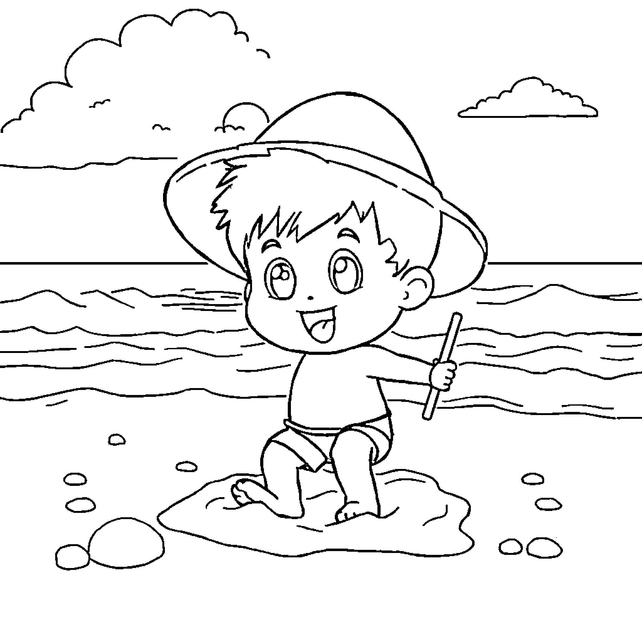 Pocoyo playing happily on the beach Coloring Page (free black-and-white line drawing printable PDF for all, from beginners to advanced learners, including children, teens, adults, and seniors)