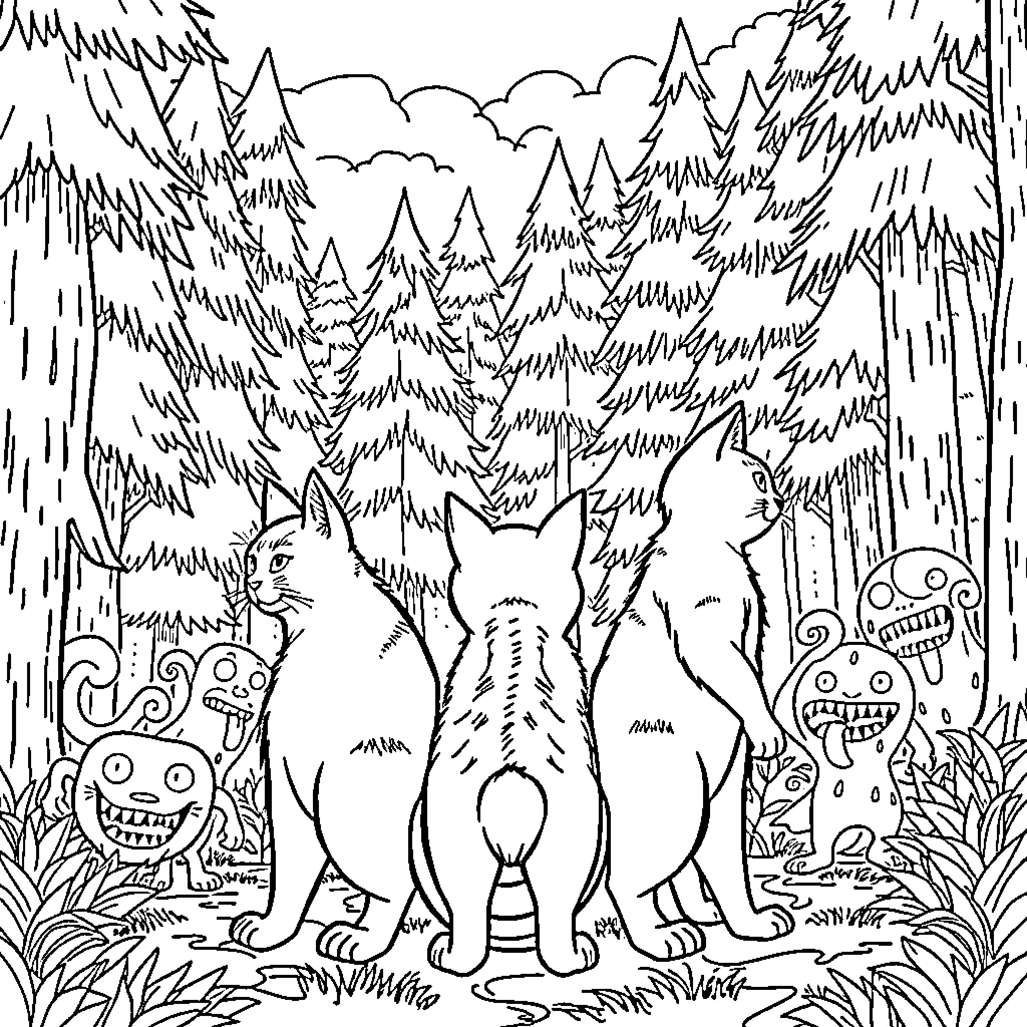 Cats in a Spooky Forest Coloring Page (free black-and-white line drawing printable PDF for all, from beginners to advanced learners, including children, teens, adults, and seniors)