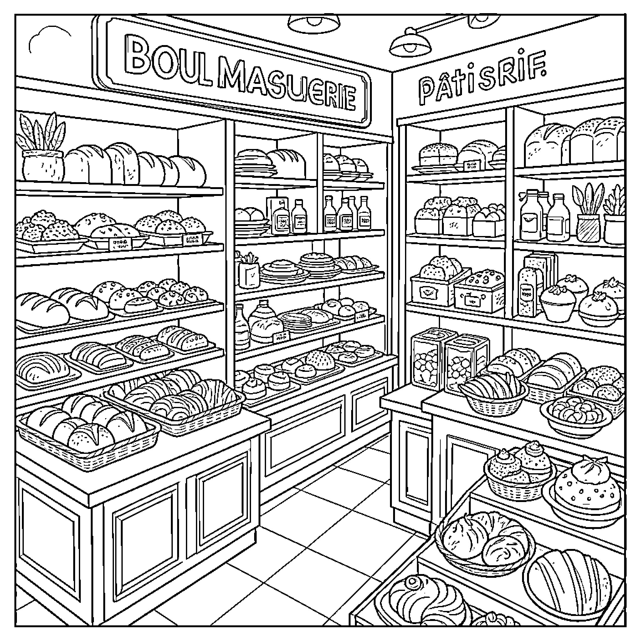 Boulangerie displaying various loaves and pastries on wooden shelves Coloring Page (free black-and-white line drawing printable PDF for all, from beginners to advanced learners, including children, teens, adults, and seniors)