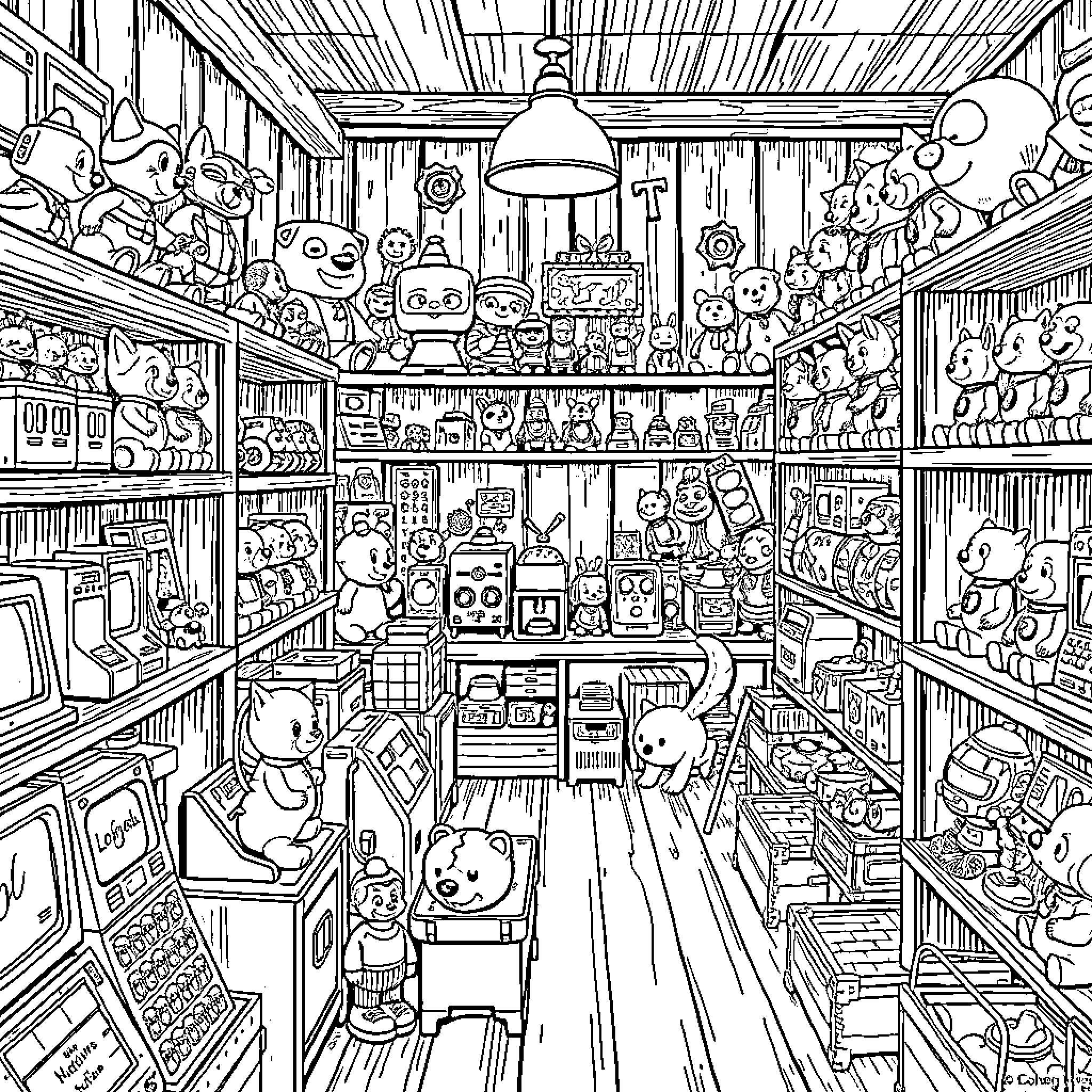 Toy Store Filled with Whimsical Characters Coloring Page (free black-and-white line drawing printable PDF for all, from beginners to advanced learners, including children, teens, adults, and seniors)