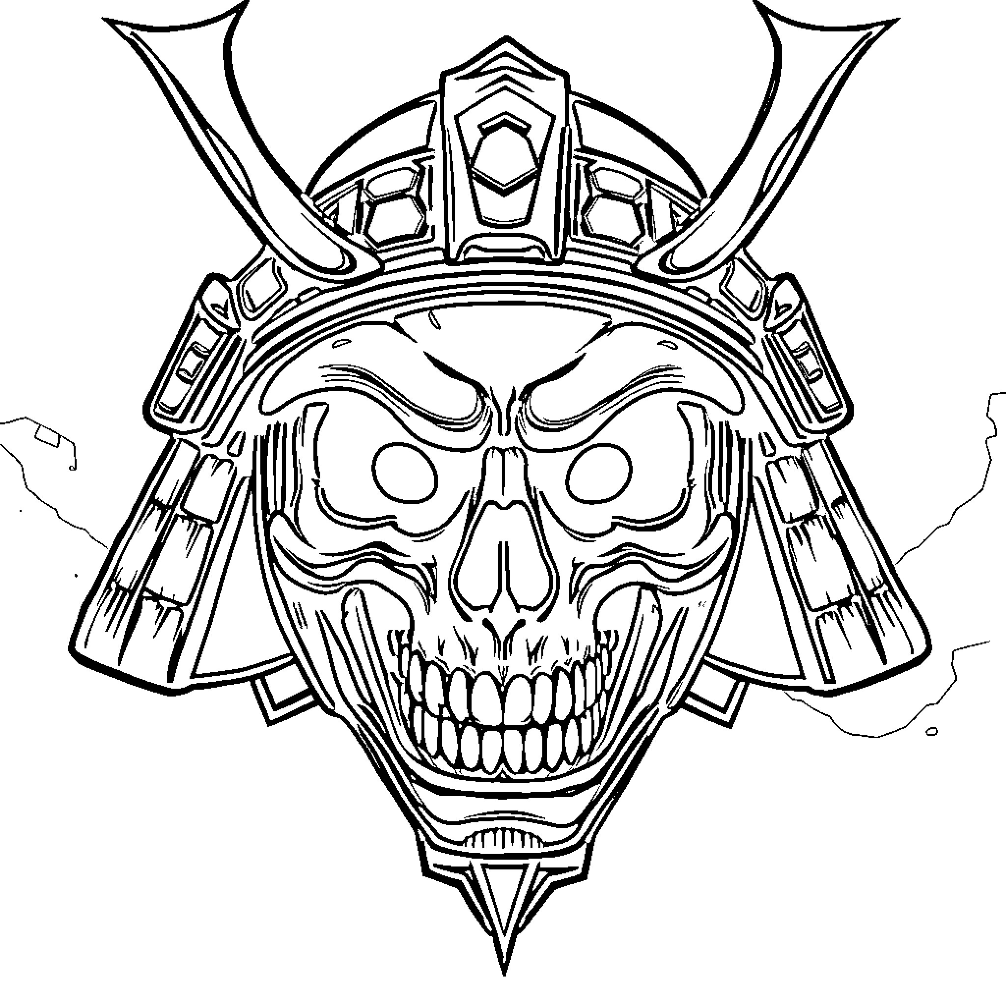 Skull with Samurai Helmet and Fearsome Expression Coloring Page (free black-and-white line drawing printable PDF for all, from beginners to advanced learners, including children, teens, adults, and seniors)