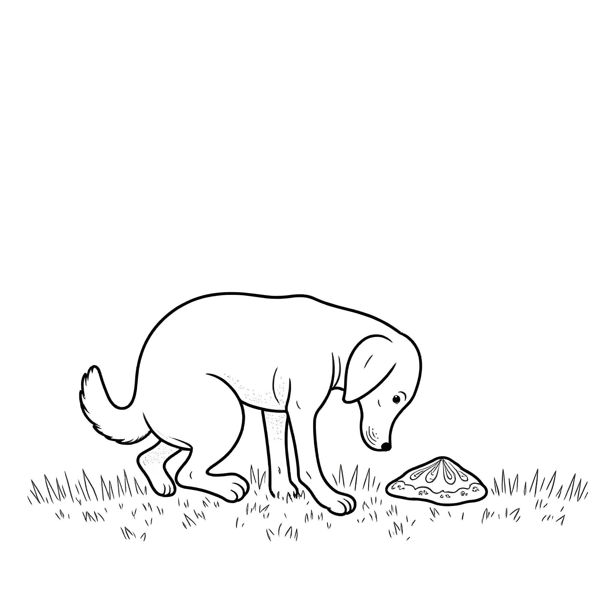 Dog sniffing mushroom in the grass Coloring Page (free black-and-white line drawing printable PDF for all, from beginners to advanced learners, including children, teens, adults, and seniors)