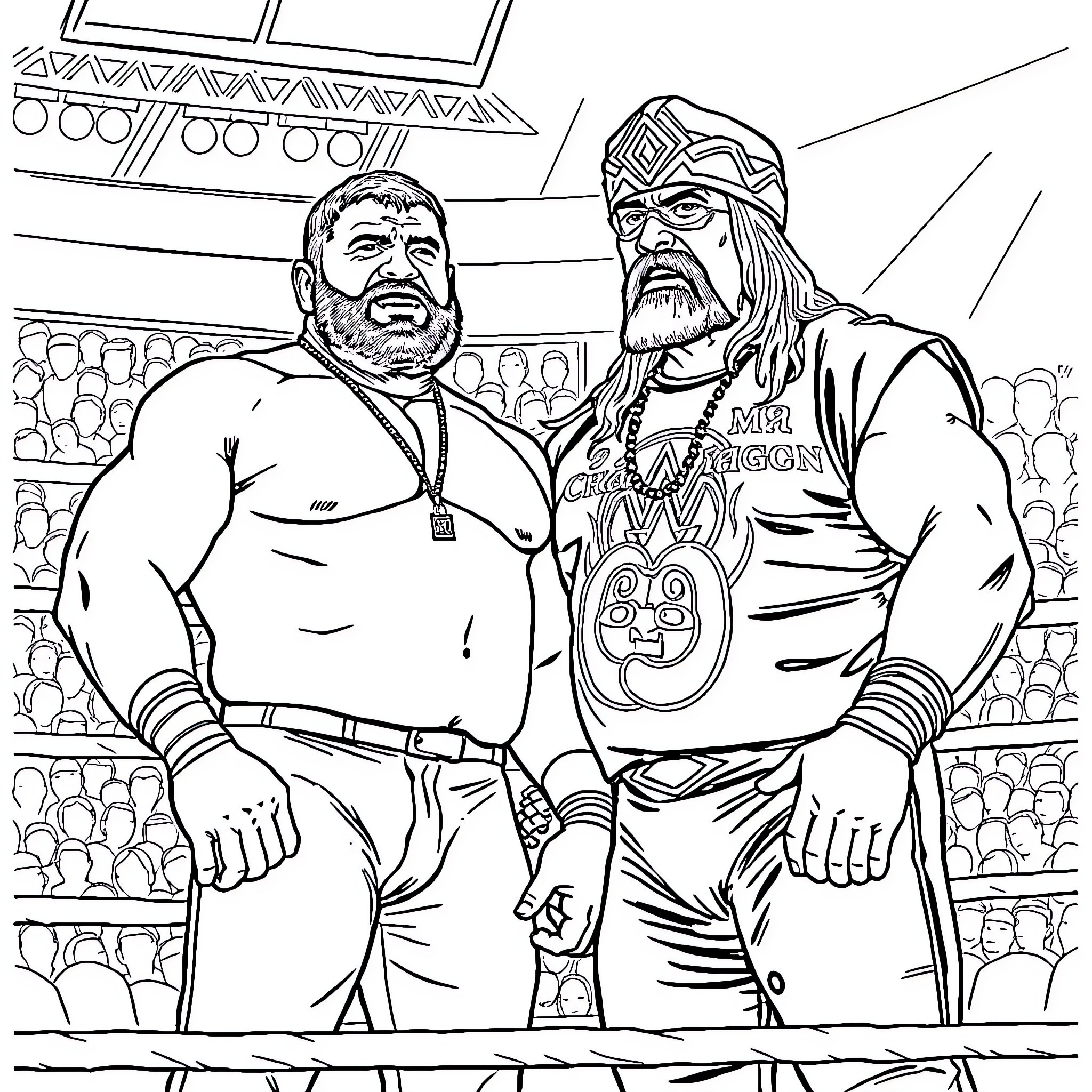 Westside Gunn and Hulk Hogan in the ring Coloring Page (free black-and-white line drawing printable PDF for all, from beginners to advanced learners, including children, teens, adults, and seniors)