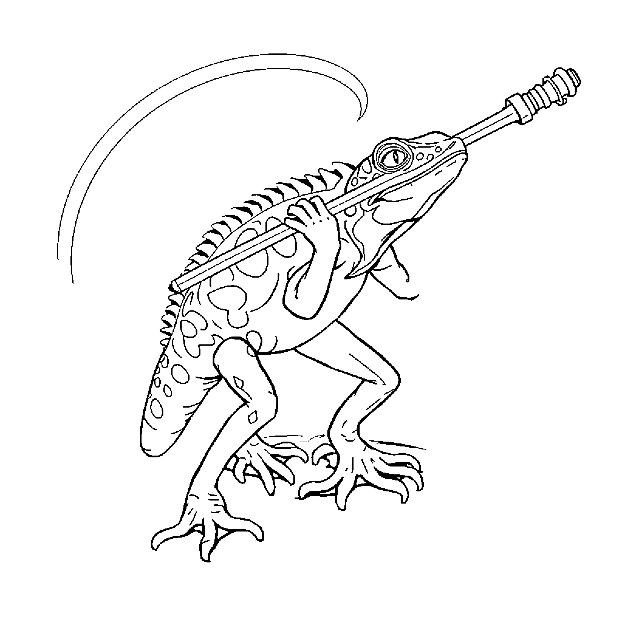 Lizard Wielding Futuristic Weapon Coloring Page (free black-and-white line drawing printable PDF for all, from beginners to advanced learners, including children, teens, adults, and seniors)