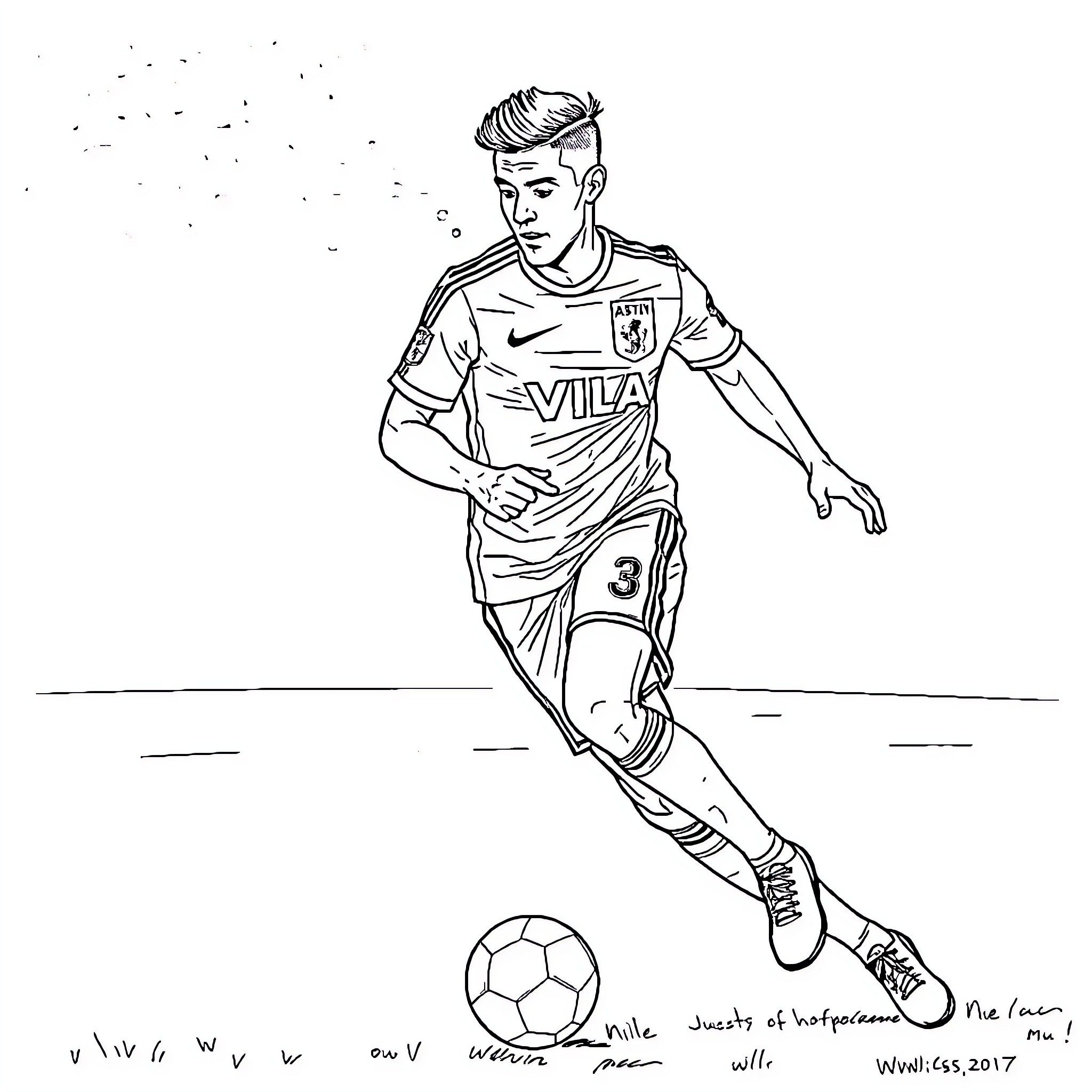 Justin Kluivert playing soccer with ball and uniform Coloring Page (free black-and-white line drawing printable PDF for all, from beginners to advanced learners, including children, teens, adults, and seniors)