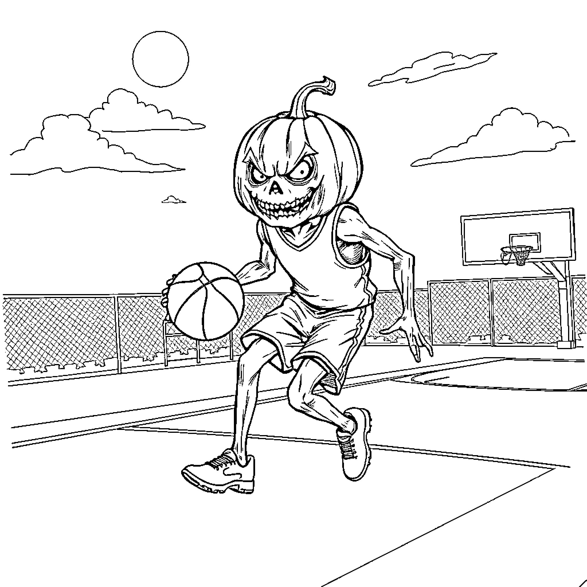 Pumpkin Basketball Player in Action on Court Coloring Page (free black-and-white line drawing printable PDF for all, from beginners to advanced learners, including children, teens, adults, and seniors)