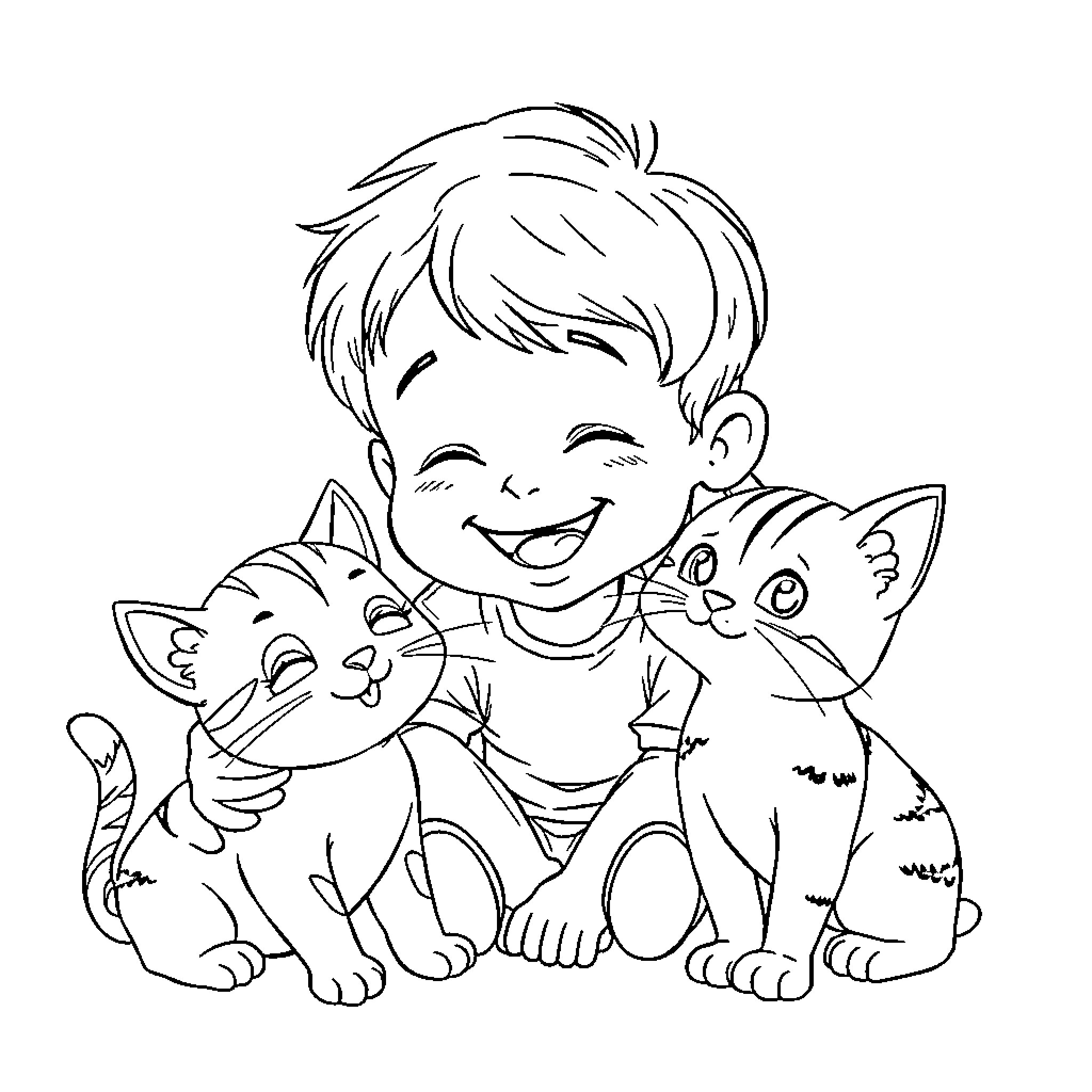 Child playing happily with pet kittens Coloring Page (free black-and-white line drawing printable PDF for all, from beginners to advanced learners, including children, teens, adults, and seniors)
