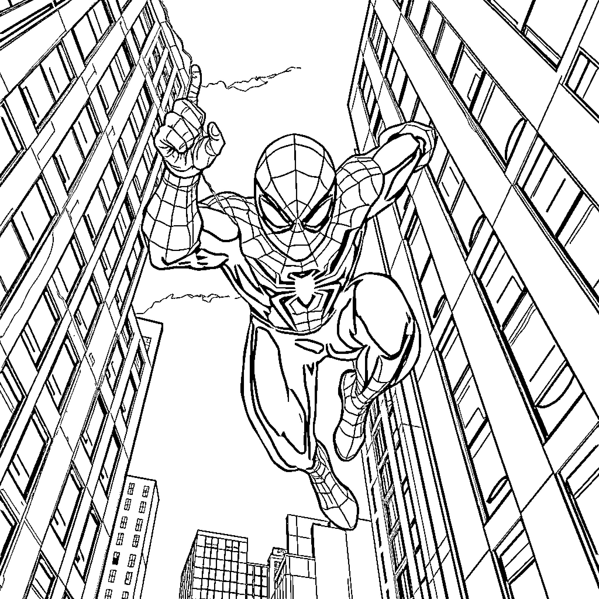 Spiderman swinging through the city skyline Coloring Page (free black-and-white line drawing printable PDF for all, from beginners to advanced learners, including children, teens, adults, and seniors)