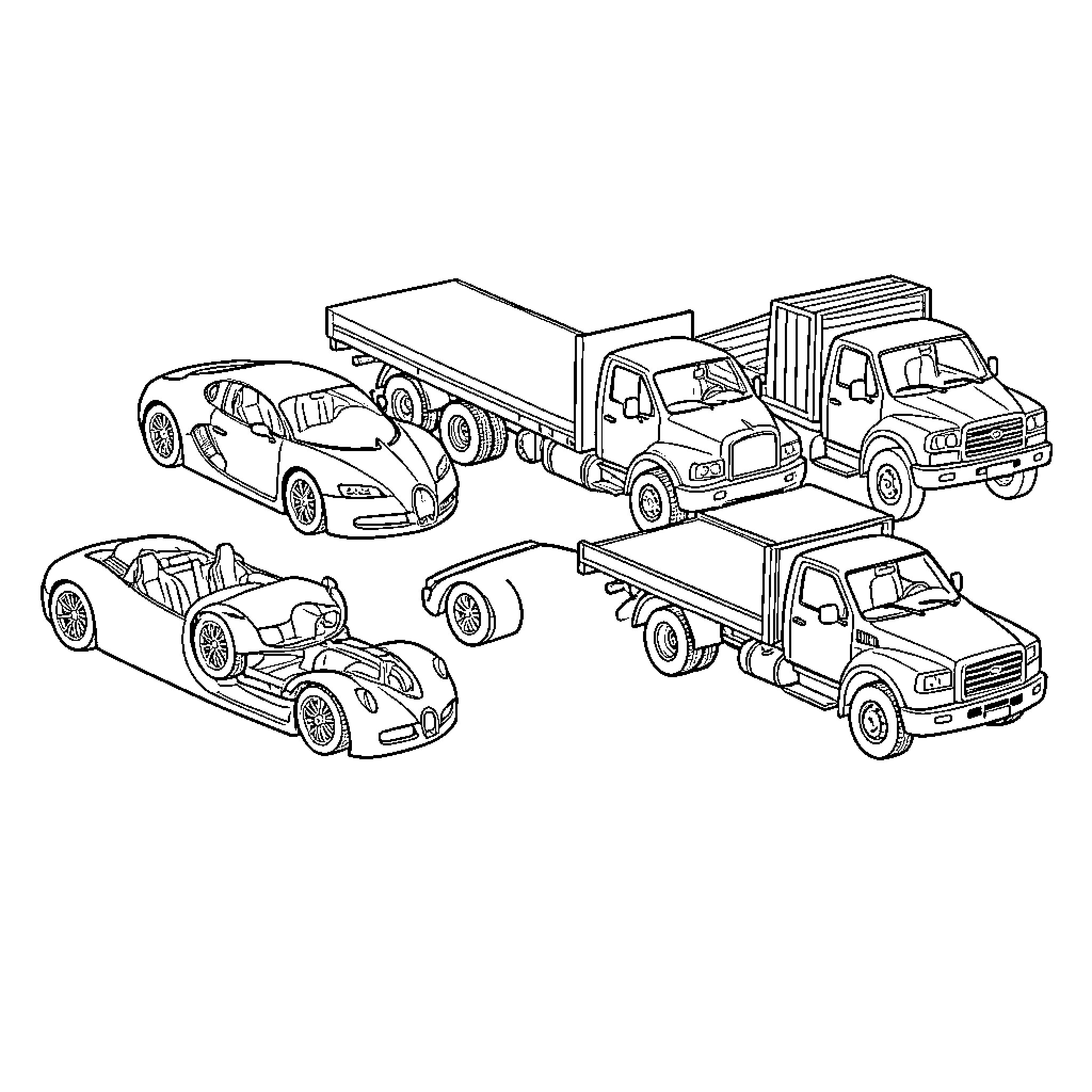 Trucks and sports cars arranged in a group Coloring Page (free black-and-white line drawing printable PDF for all, from beginners to advanced learners, including children, teens, adults, and seniors)
