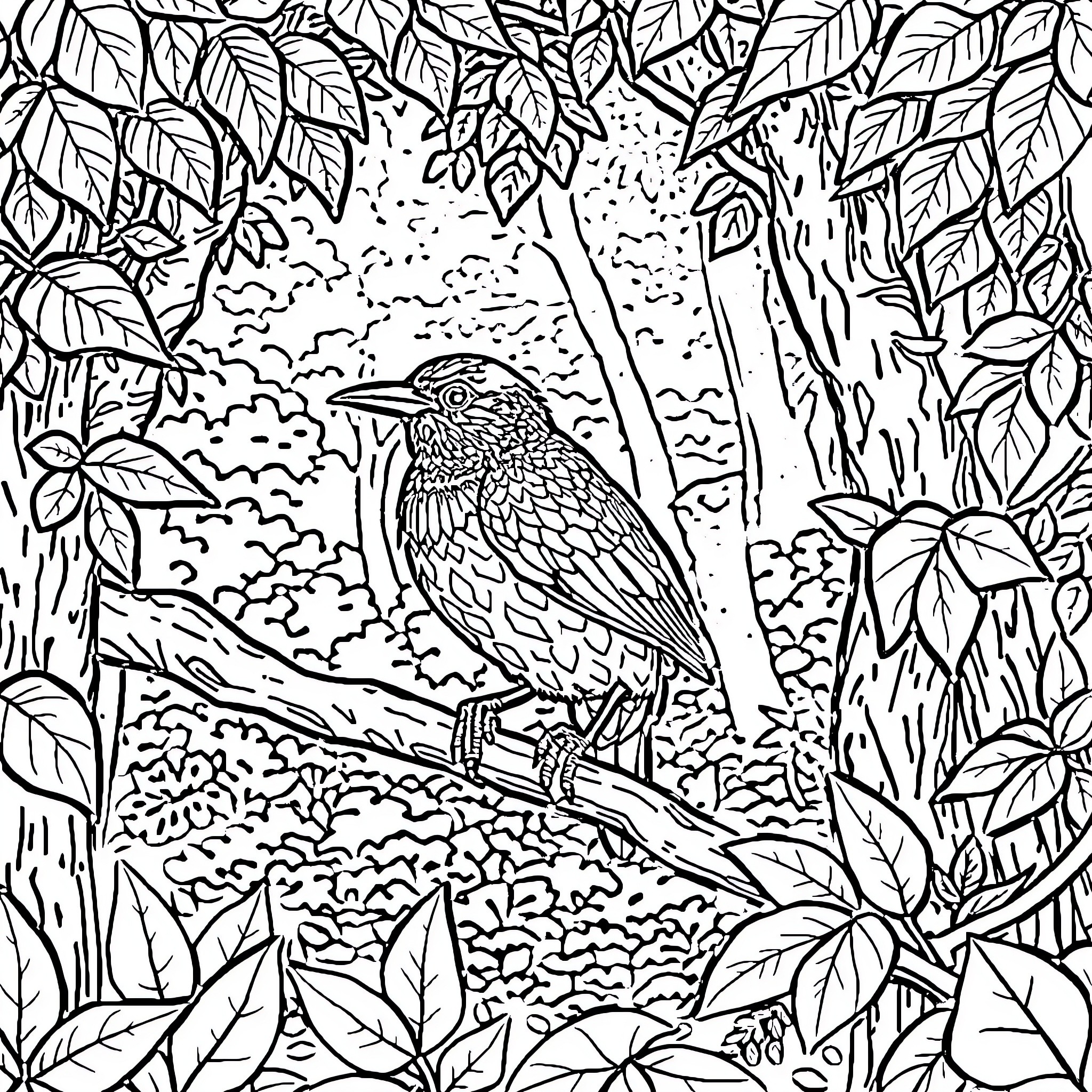 Bird perched in lush forest foliage Coloring Page (free black-and-white line drawing printable PDF for all, from beginners to advanced learners, including children, teens, adults, and seniors)