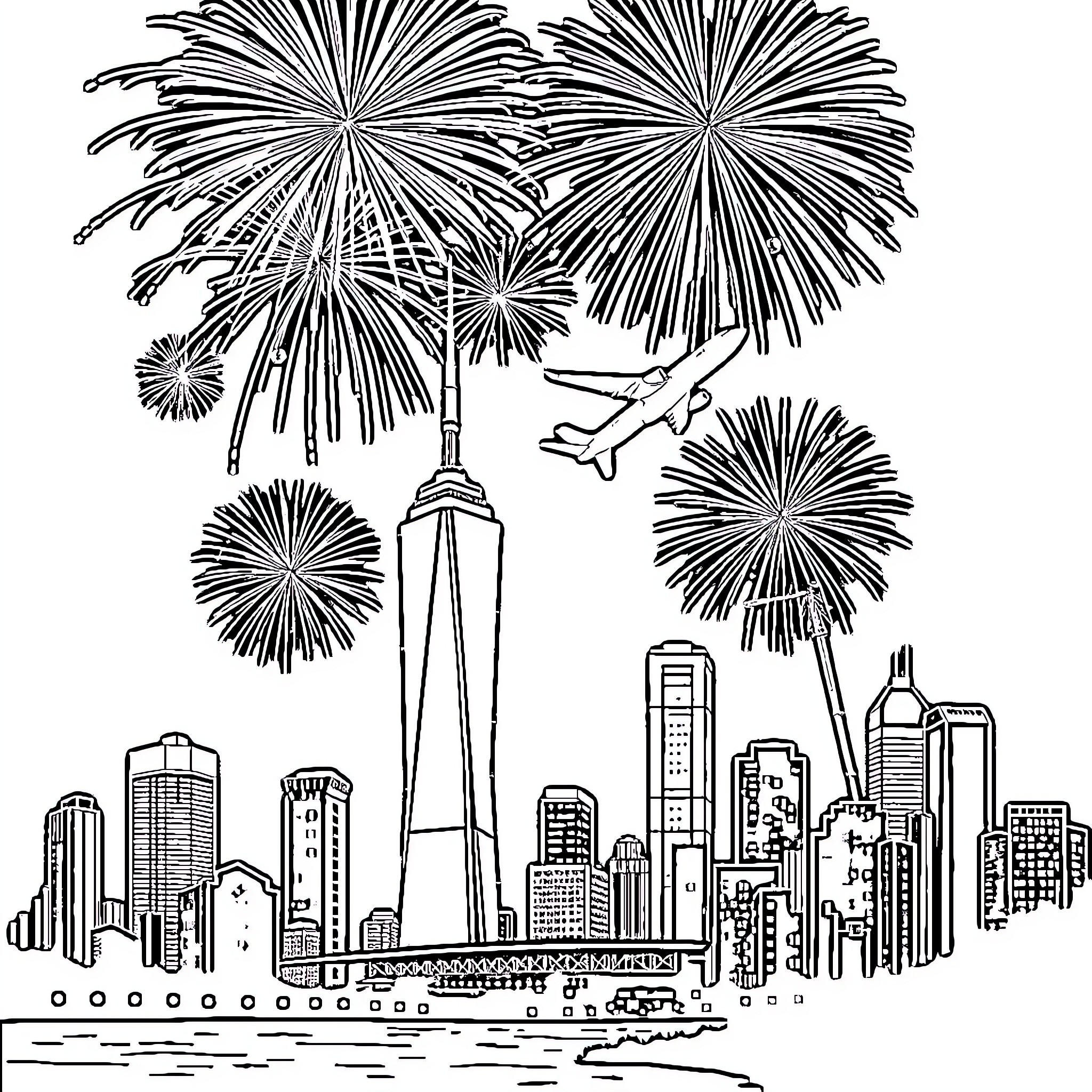 Tower of fireworks over the city skyline Coloring Page (free black-and-white line drawing printable PDF for all, from beginners to advanced learners, including children, teens, adults, and seniors)