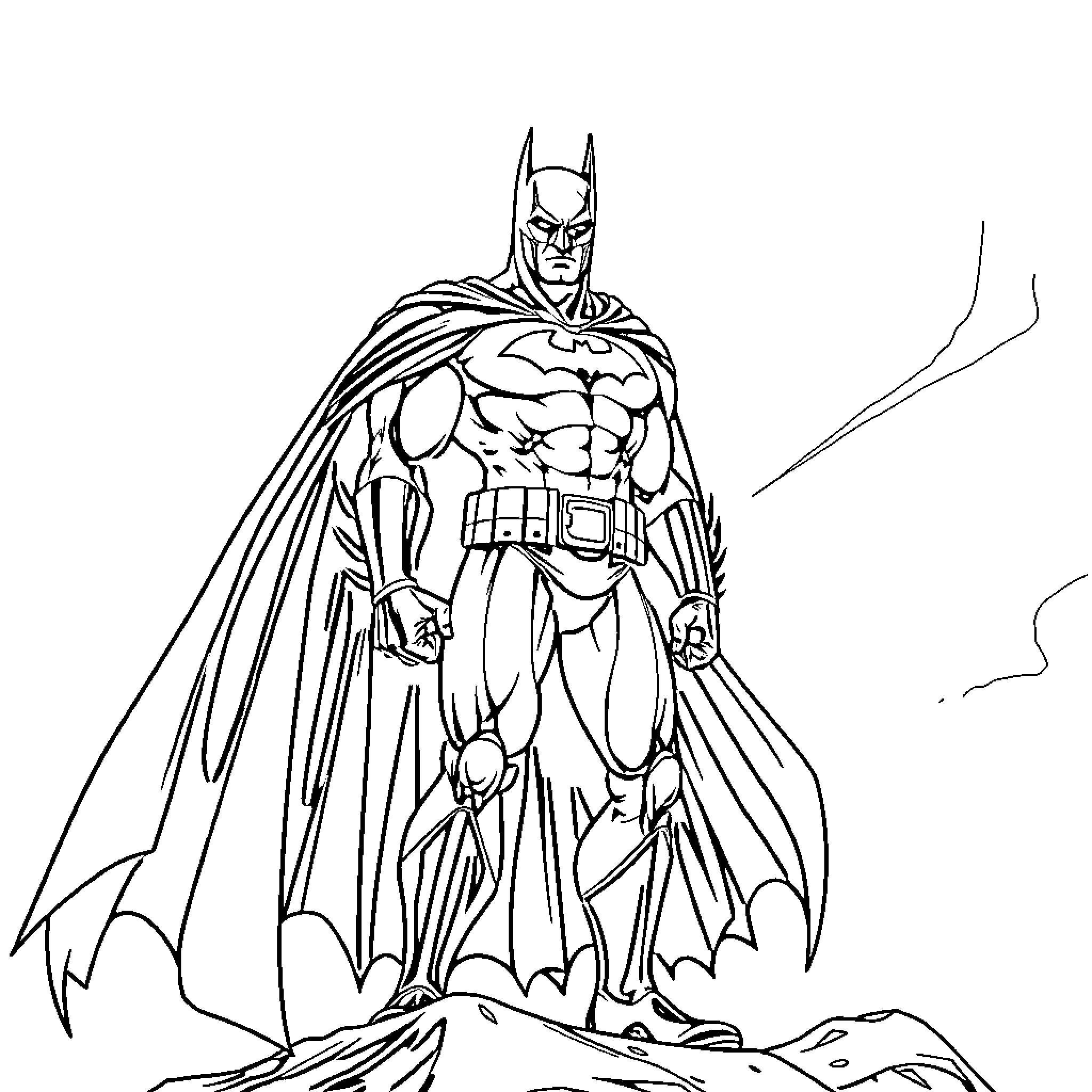 Batman stands heroically in a dramatic pose Coloring Page (free black-and-white line drawing printable PDF for all, from beginners to advanced learners, including children, teens, adults, and seniors)