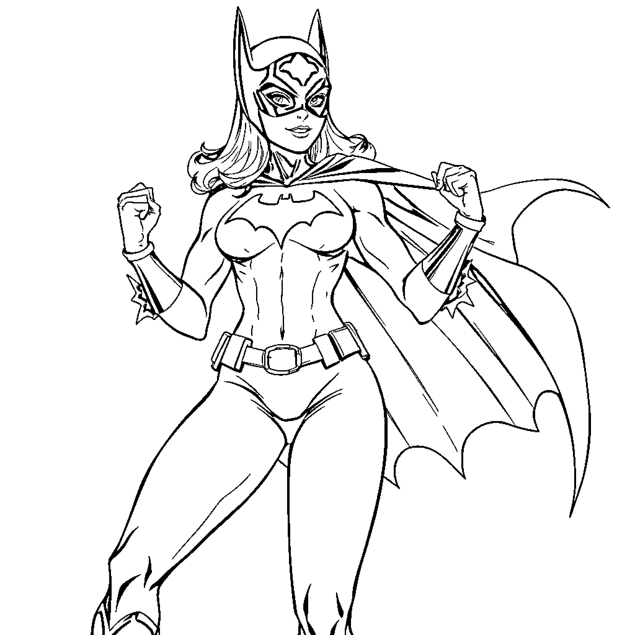 Batgirl in heroic action pose Coloring Page (free black-and-white line drawing printable PDF for all, from beginners to advanced learners, including children, teens, adults, and seniors)