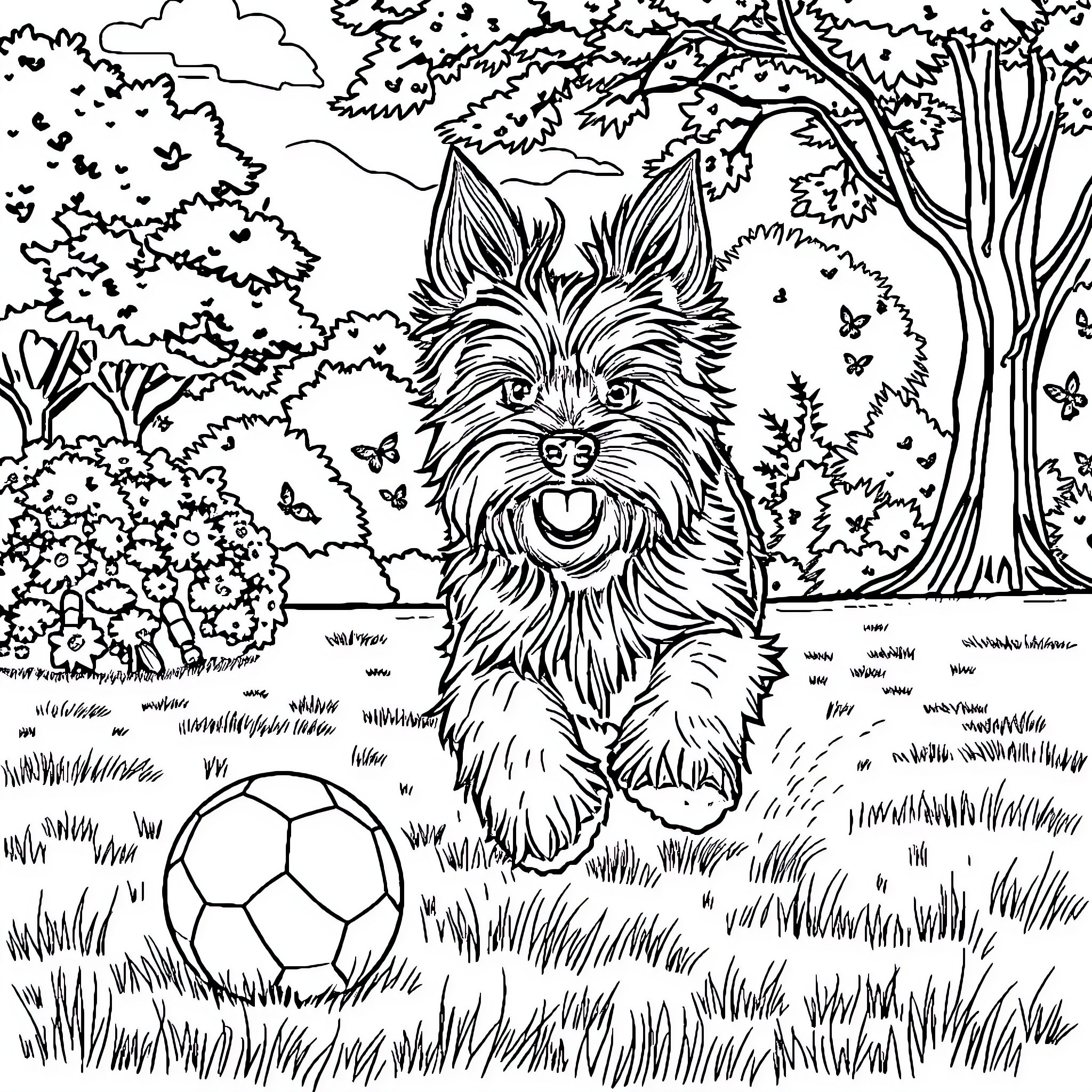 Yorkie playing with soccer ball in park Coloring Page (free black-and-white line drawing printable PDF for all, from beginners to advanced learners, including children, teens, adults, and seniors)