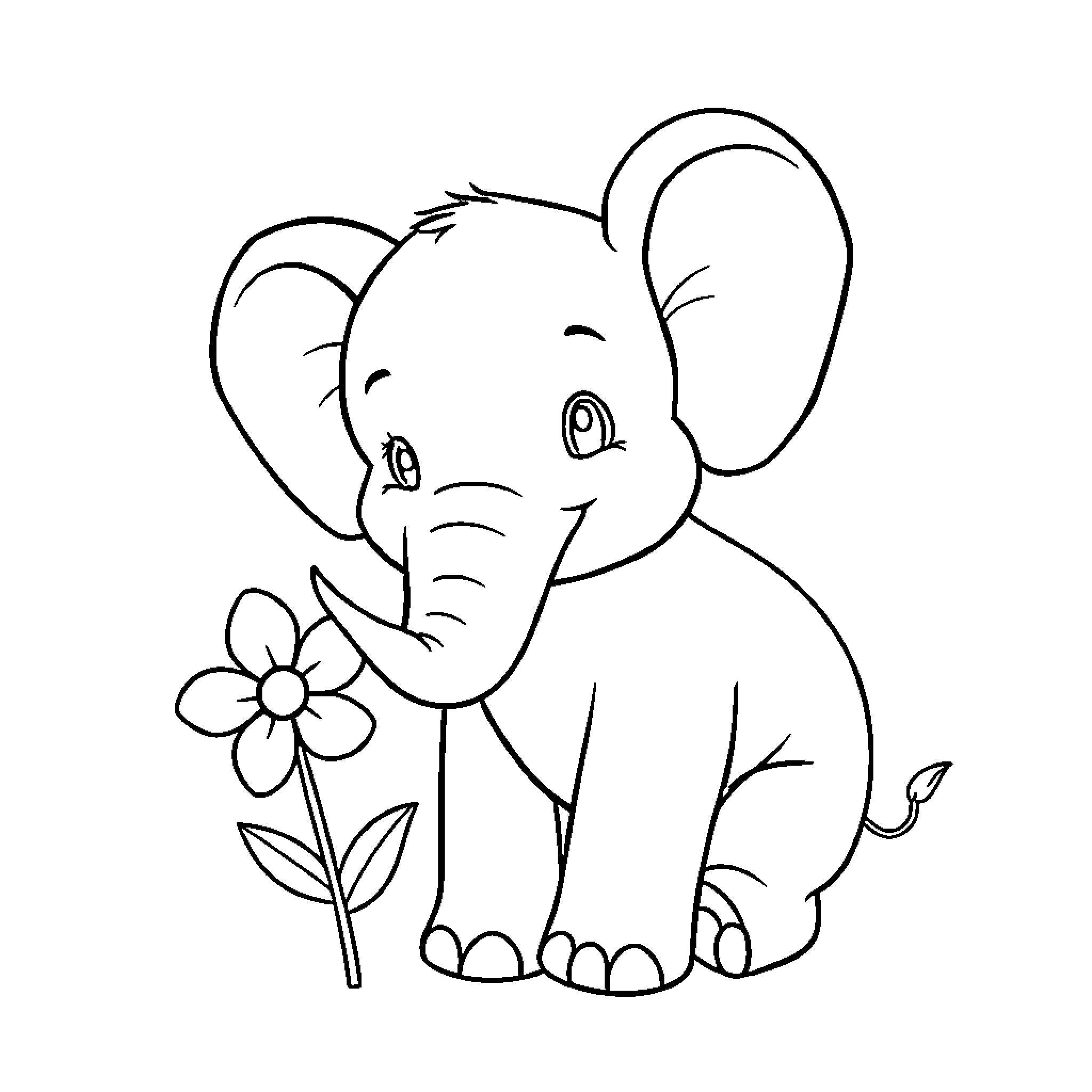 Elephant holding a flower with a smile Coloring Page (free black-and-white line drawing printable PDF for all, from beginners to advanced learners, including children, teens, adults, and seniors)