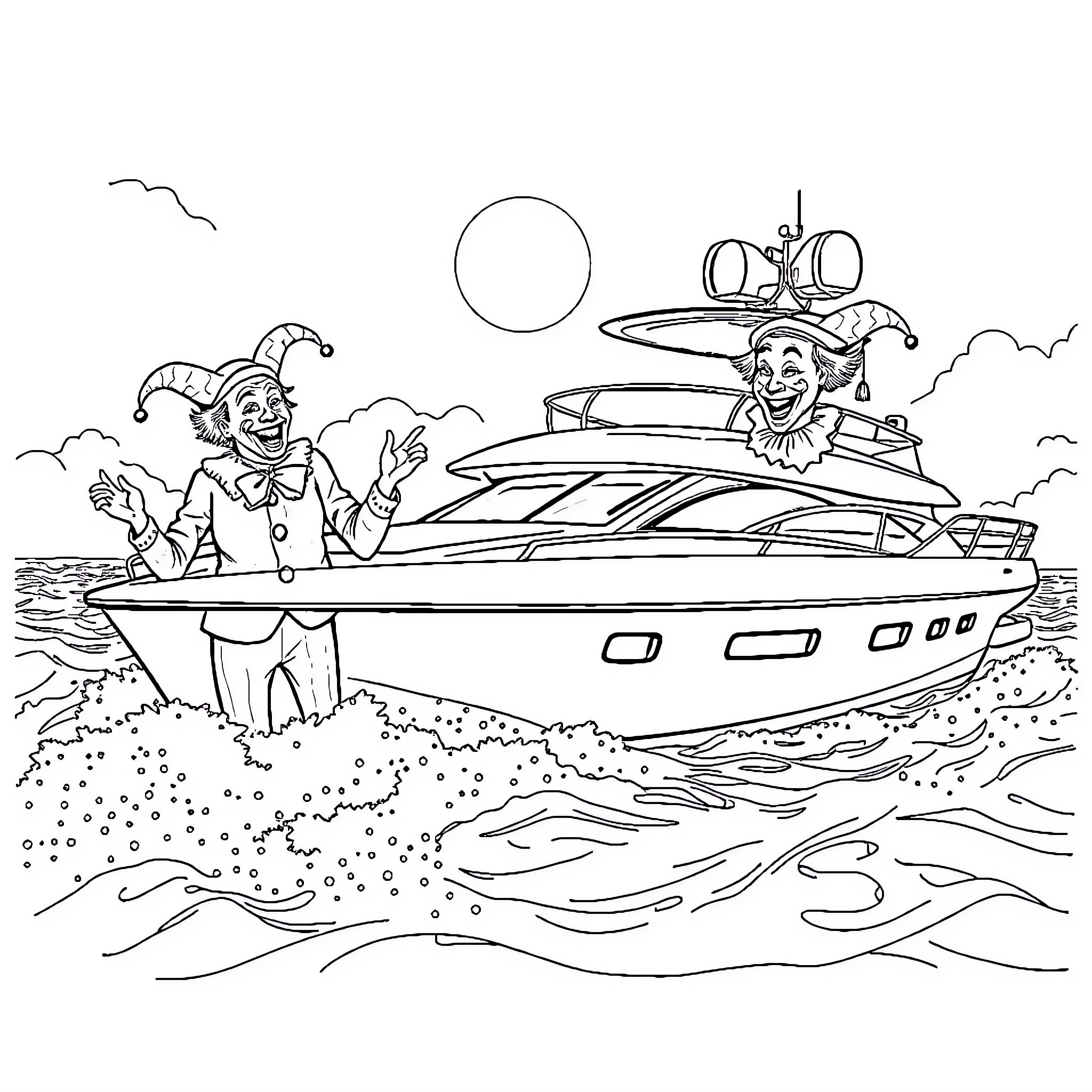 Clowns riding on a luxurious yacht Coloring Page (free black-and-white line drawing printable PDF for all, from beginners to advanced learners, including children, teens, adults, and seniors)