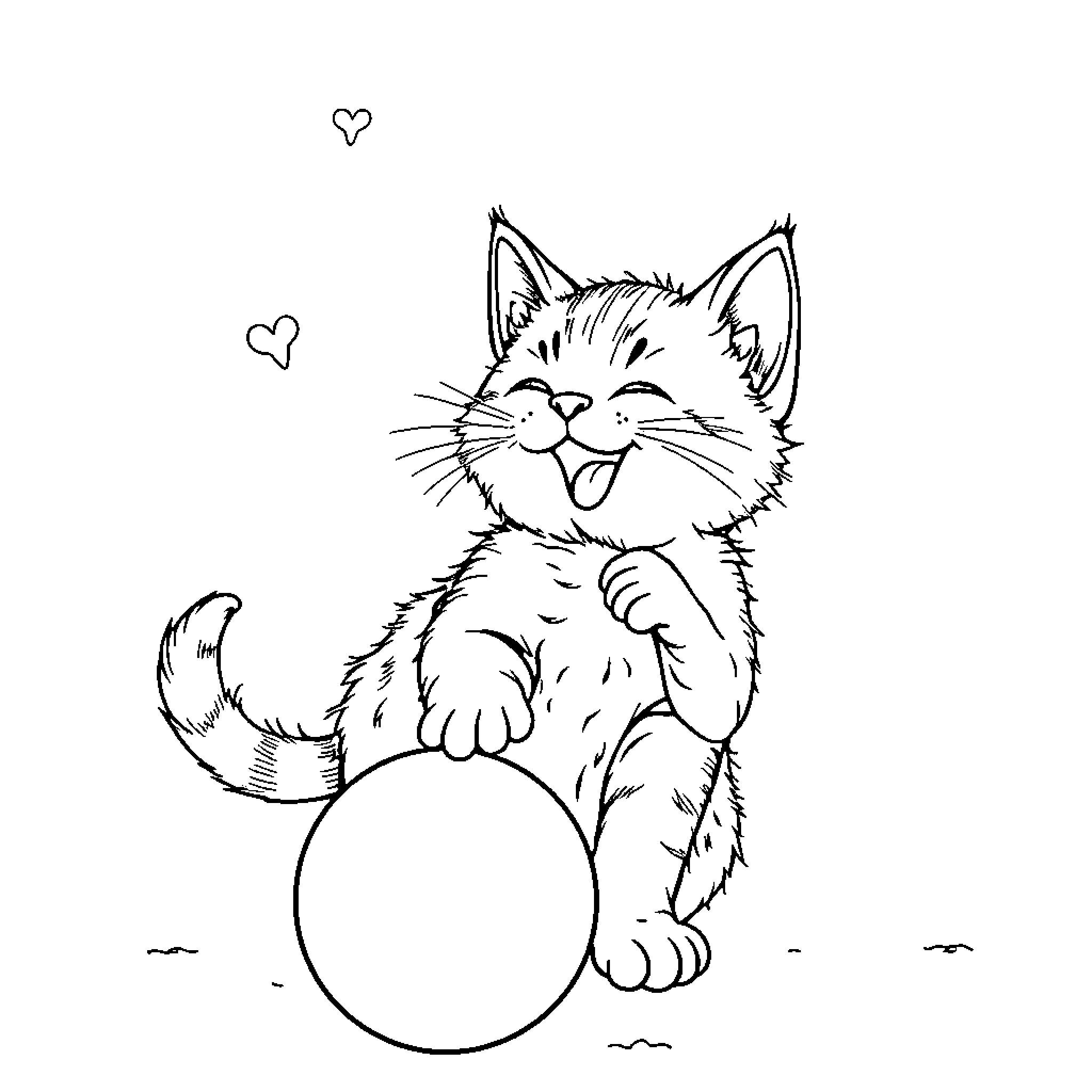 Cat playing joyfully with ball Coloring Page (free black-and-white line drawing printable PDF for all, from beginners to advanced learners, including children, teens, adults, and seniors)