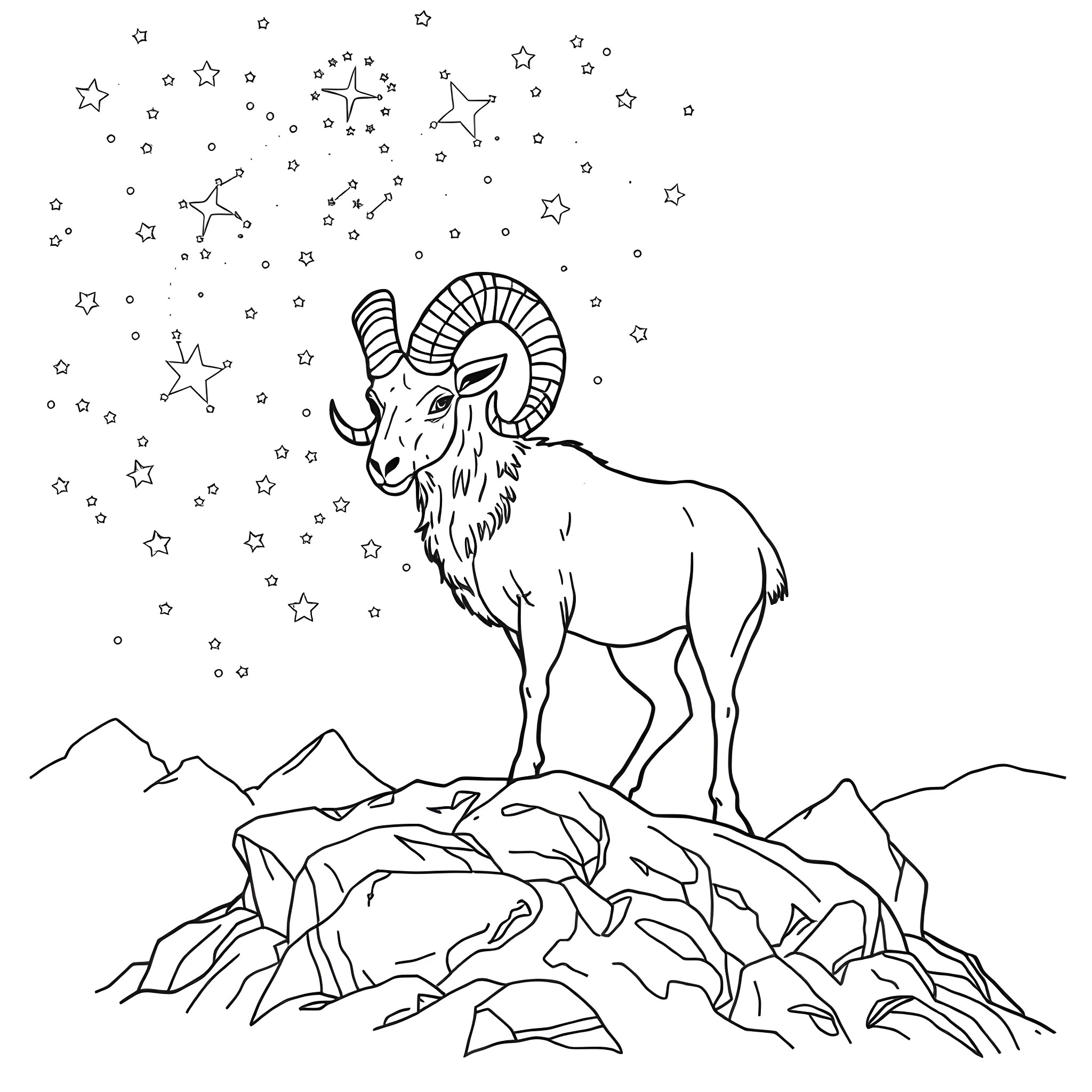 Aries standing tall under the starry night sky Coloring Page (free black-and-white line drawing printable PDF for all, from beginners to advanced learners, including children, teens, adults, and seniors)
