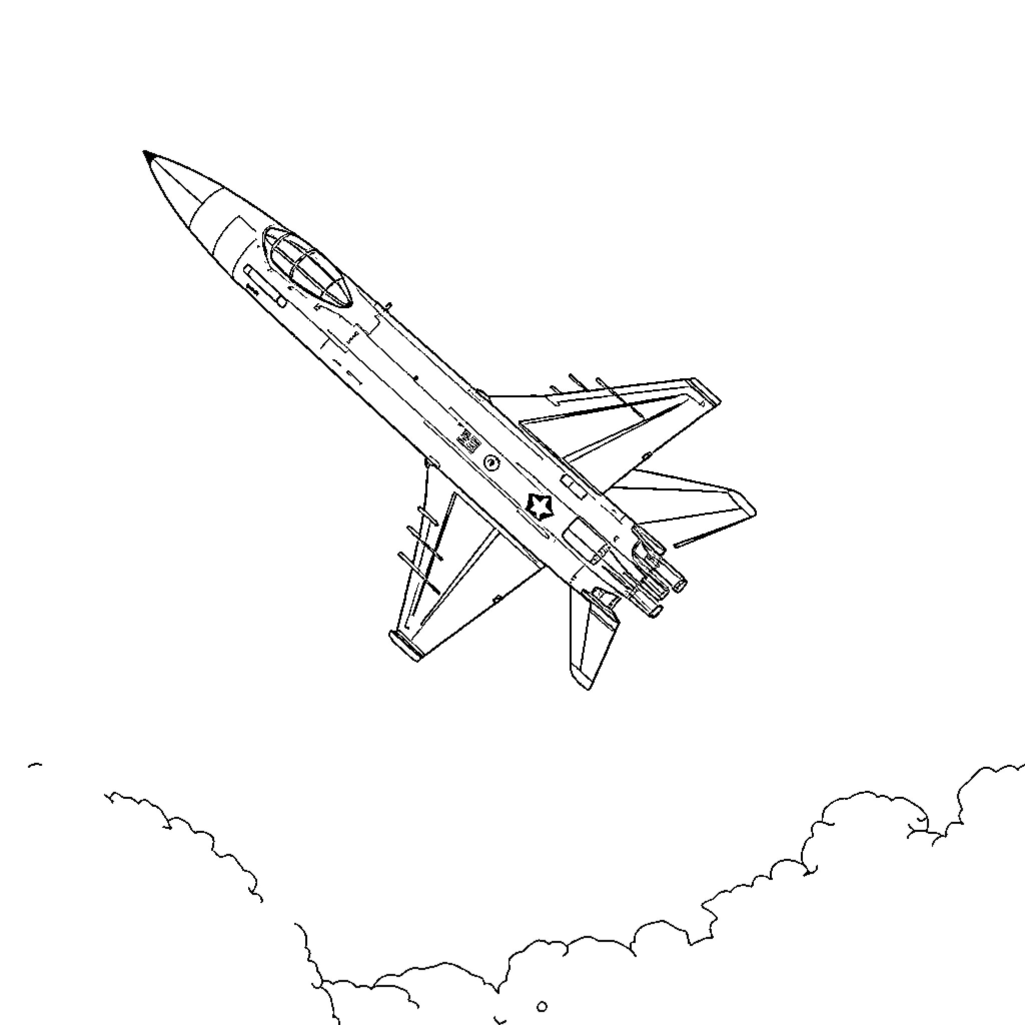 Rocket soaring through the cloudy skies Coloring Page (free black-and-white line drawing printable PDF for all, from beginners to advanced learners, including children, teens, adults, and seniors)
