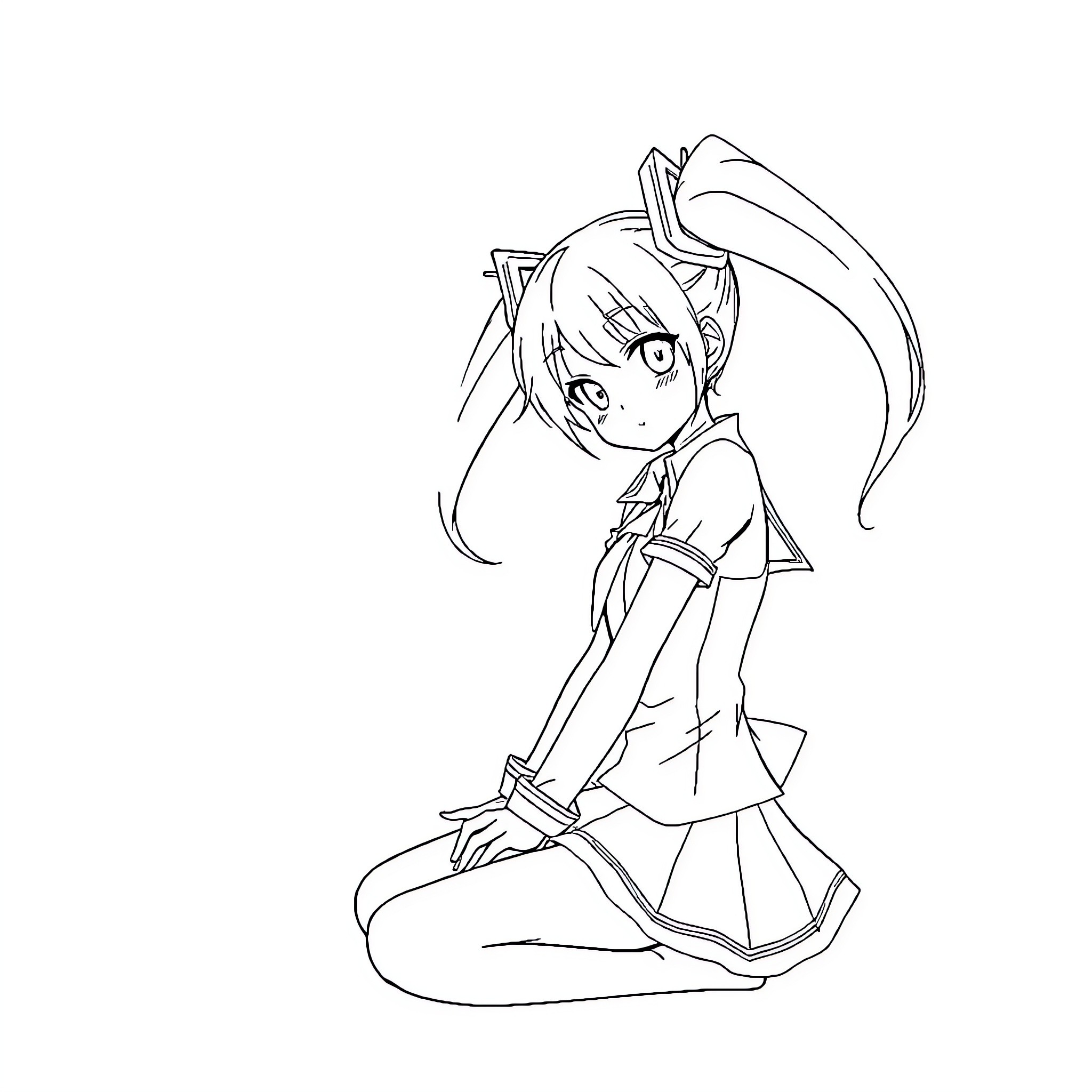 Anime Girl in Casual Outfit with Ponytail Coloring Page (free black-and-white line drawing printable PDF for all, from beginners to advanced learners, including children, teens, adults, and seniors)