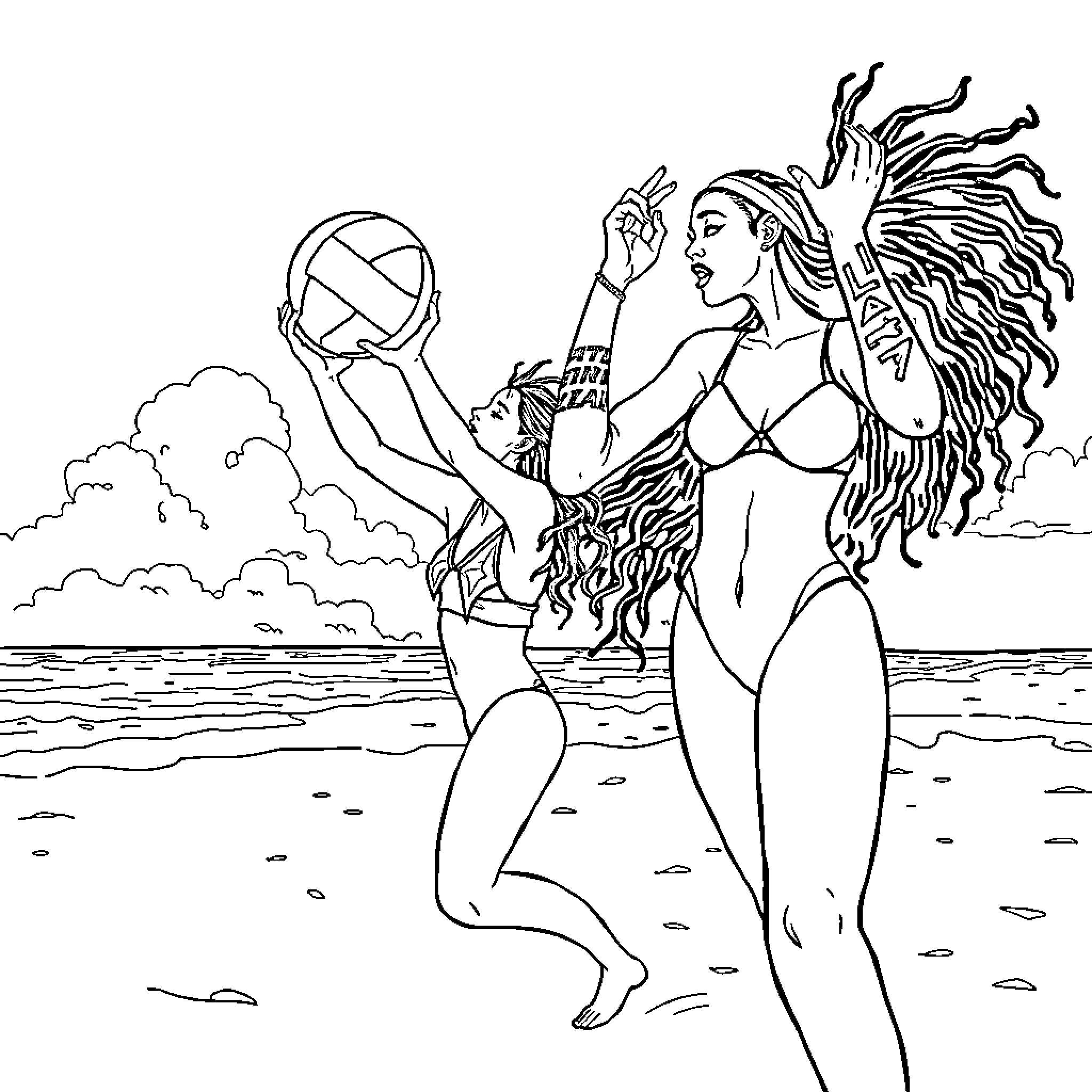 Billie Eilish in Mythical Mermaid Pose by the Ocean Coloring Page (free black-and-white line drawing printable PDF for all, from beginners to advanced learners, including children, teens, adults, and seniors)
