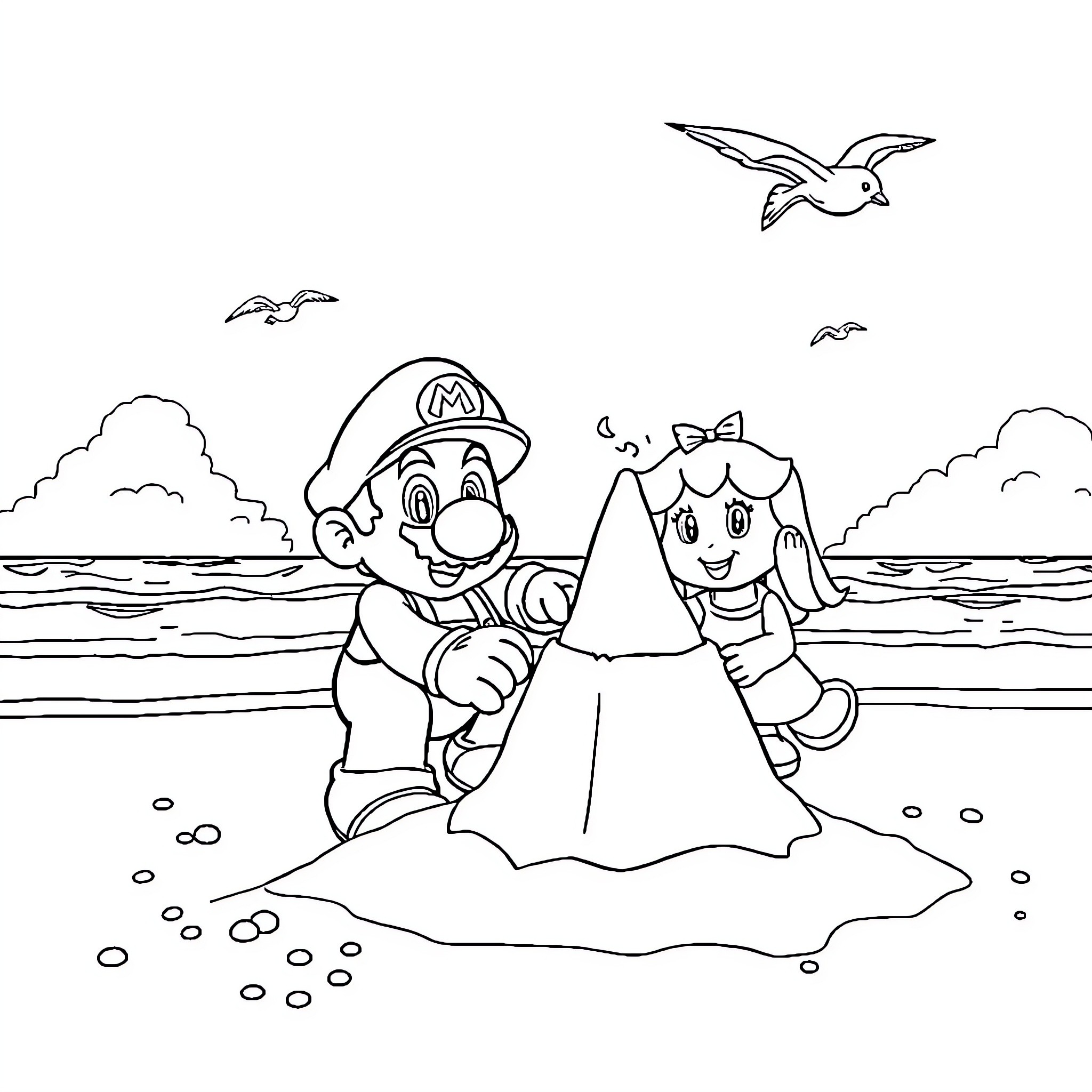 Mario and Peach building a sandcastle on the beach Coloring Page (free black-and-white line drawing printable PDF for all, from beginners to advanced learners, including children, teens, adults, and seniors)