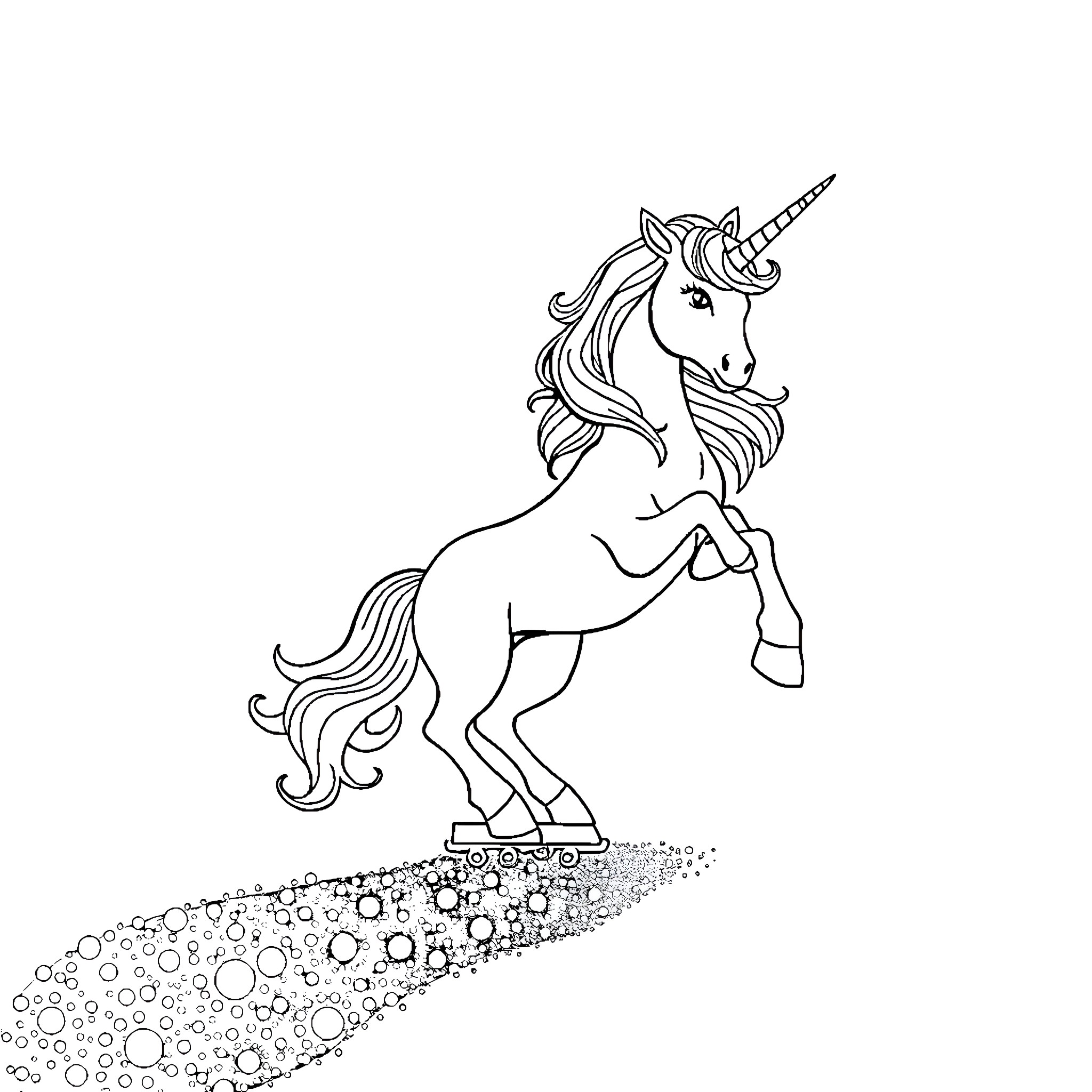 Unicorn prancing gracefully on floral path Coloring Page (free black-and-white line drawing printable PDF for all, from beginners to advanced learners, including children, teens, adults, and seniors)
