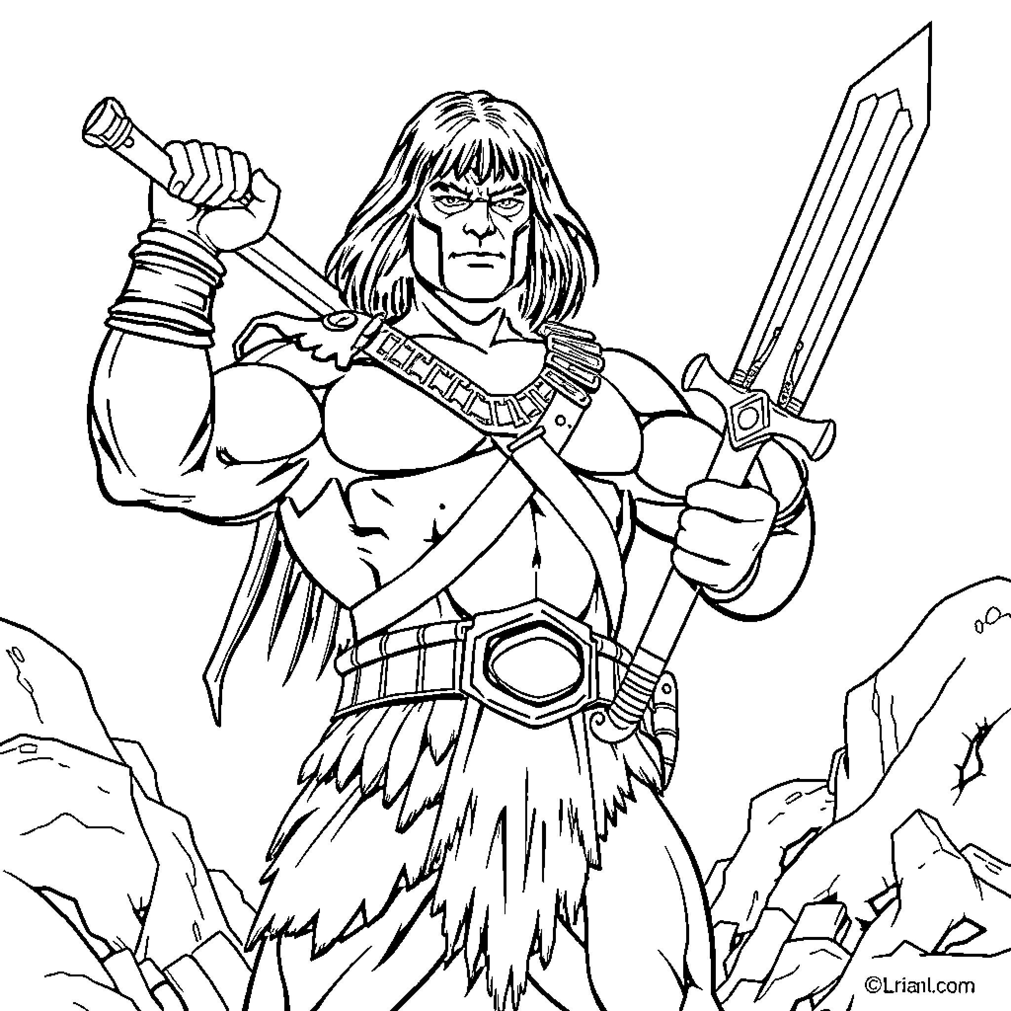 He-Man wielding powerful sword in heroic stance Coloring Page (free black-and-white line drawing printable PDF for all, from beginners to advanced learners, including children, teens, adults, and seniors)