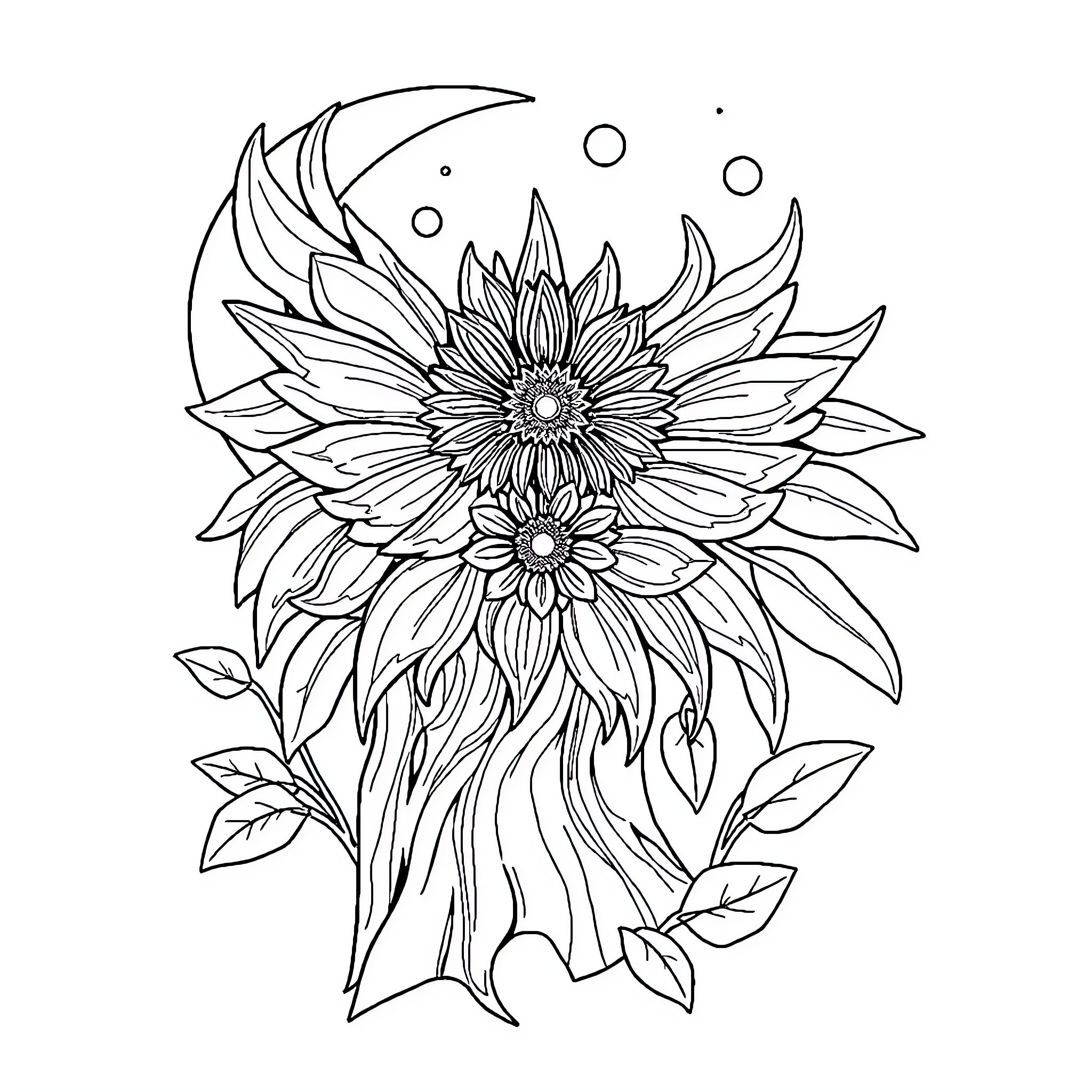 Bendera Floral Composition with Crescent Moon Coloring Page (free black-and-white line drawing printable PDF for all, from beginners to advanced learners, including children, teens, adults, and seniors)