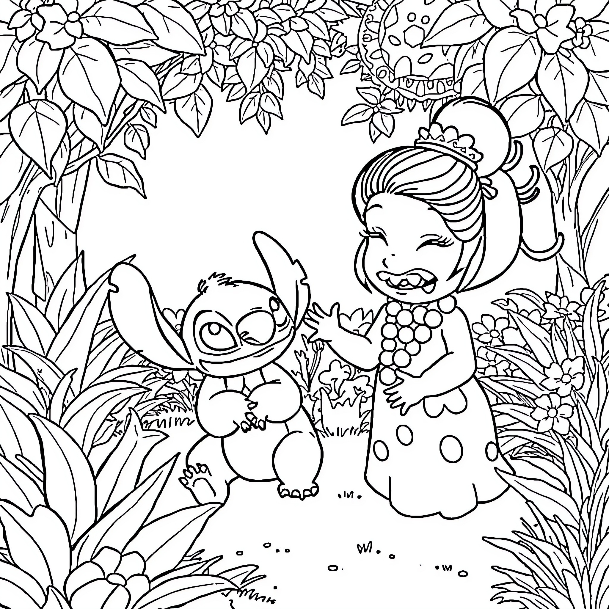 Lilo And Stitch Playing Joyfully in Tropical Foliage Coloring Page (free black-and-white line drawing printable PDF for all, from beginners to advanced learners, including children, teens, adults, and seniors)