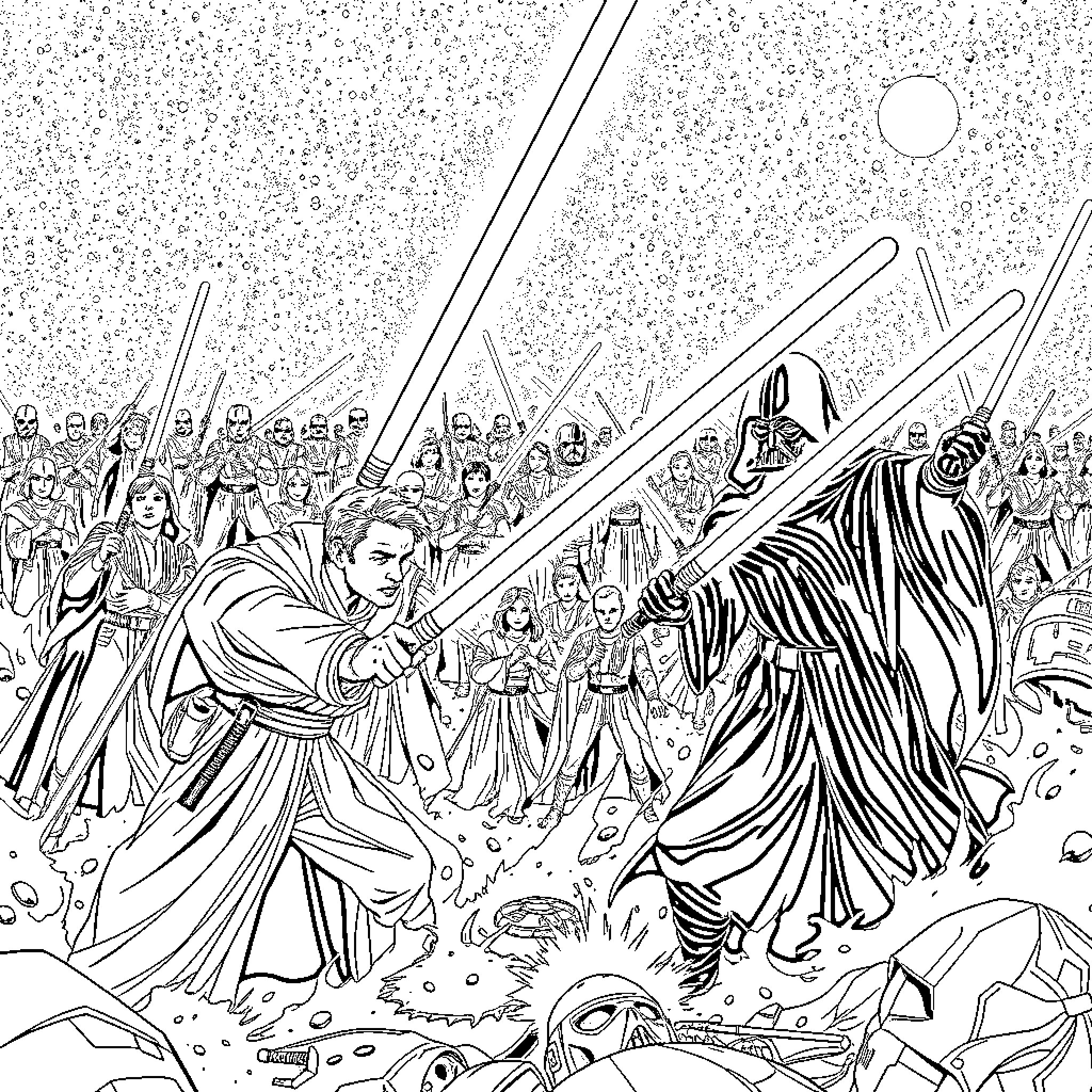 Jedi knights in an epic battle against the dark forces Coloring Page (free black-and-white line drawing printable PDF for all, from beginners to advanced learners, including children, teens, adults, and seniors)