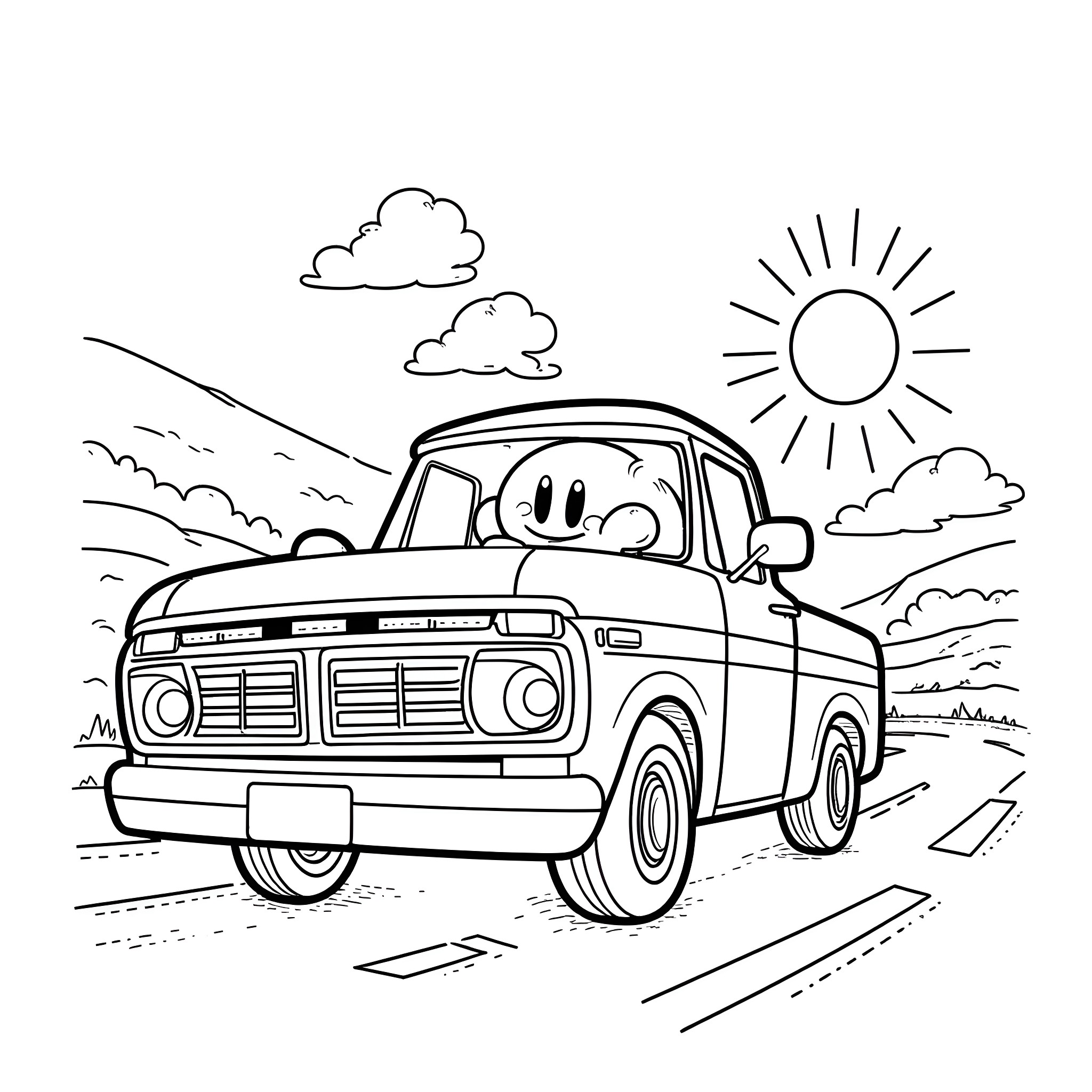 Kirby's Countryside Road Trip Coloring Page (free black-and-white line drawing printable PDF for all, from beginners to advanced learners, including children, teens, adults, and seniors)