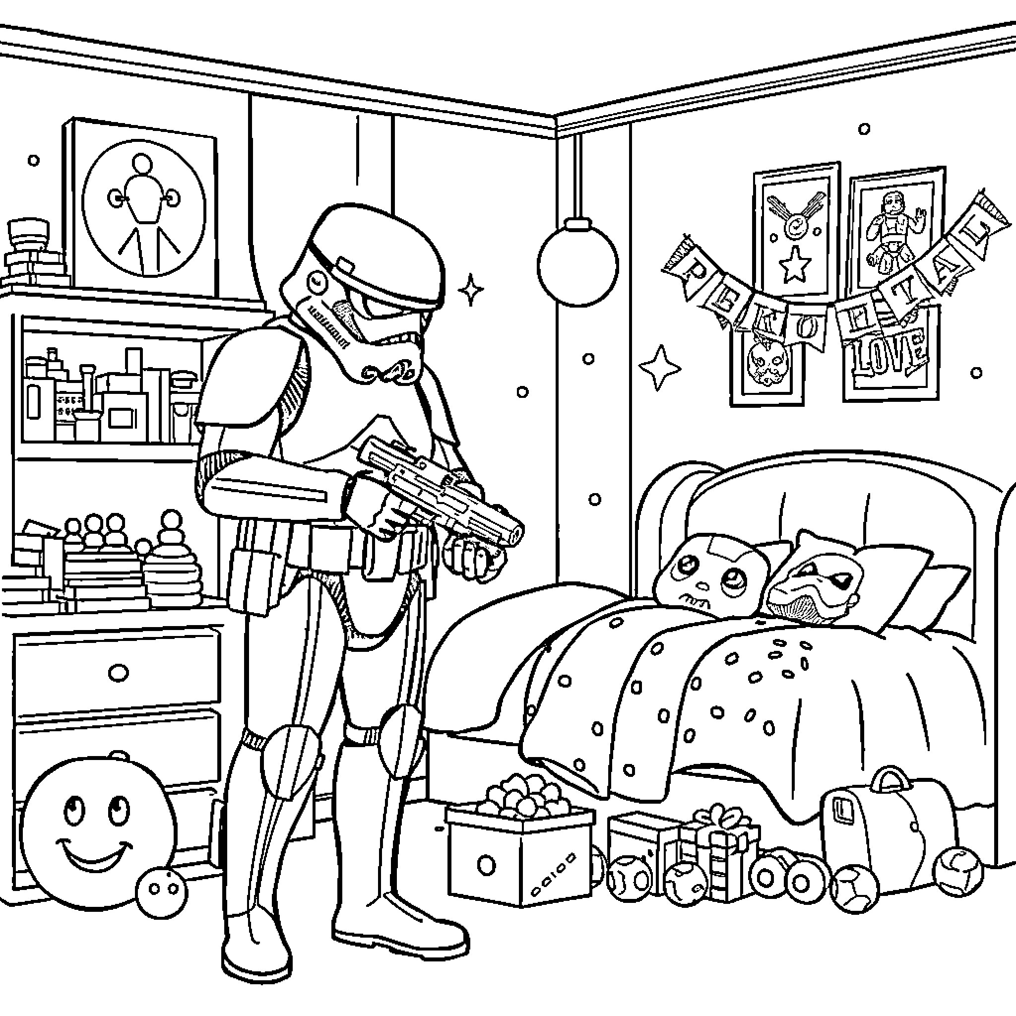 Stormtrooper relaxing in his room Coloring Page (free black-and-white line drawing printable PDF for all, from beginners to advanced learners, including children, teens, adults, and seniors)