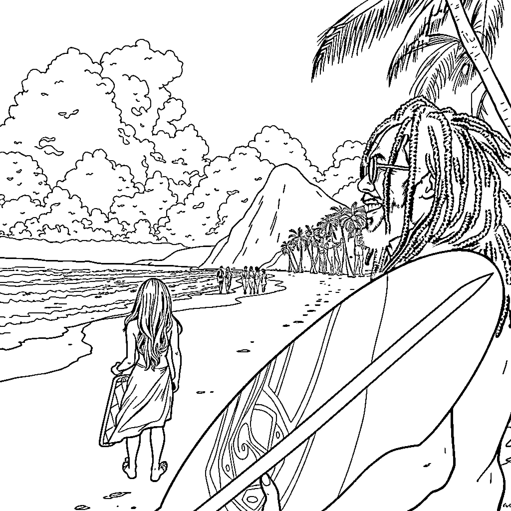 Bob Marley's Beach Adventure Coloring Page (free black-and-white line drawing printable PDF for all, from beginners to advanced learners, including children, teens, adults, and seniors)