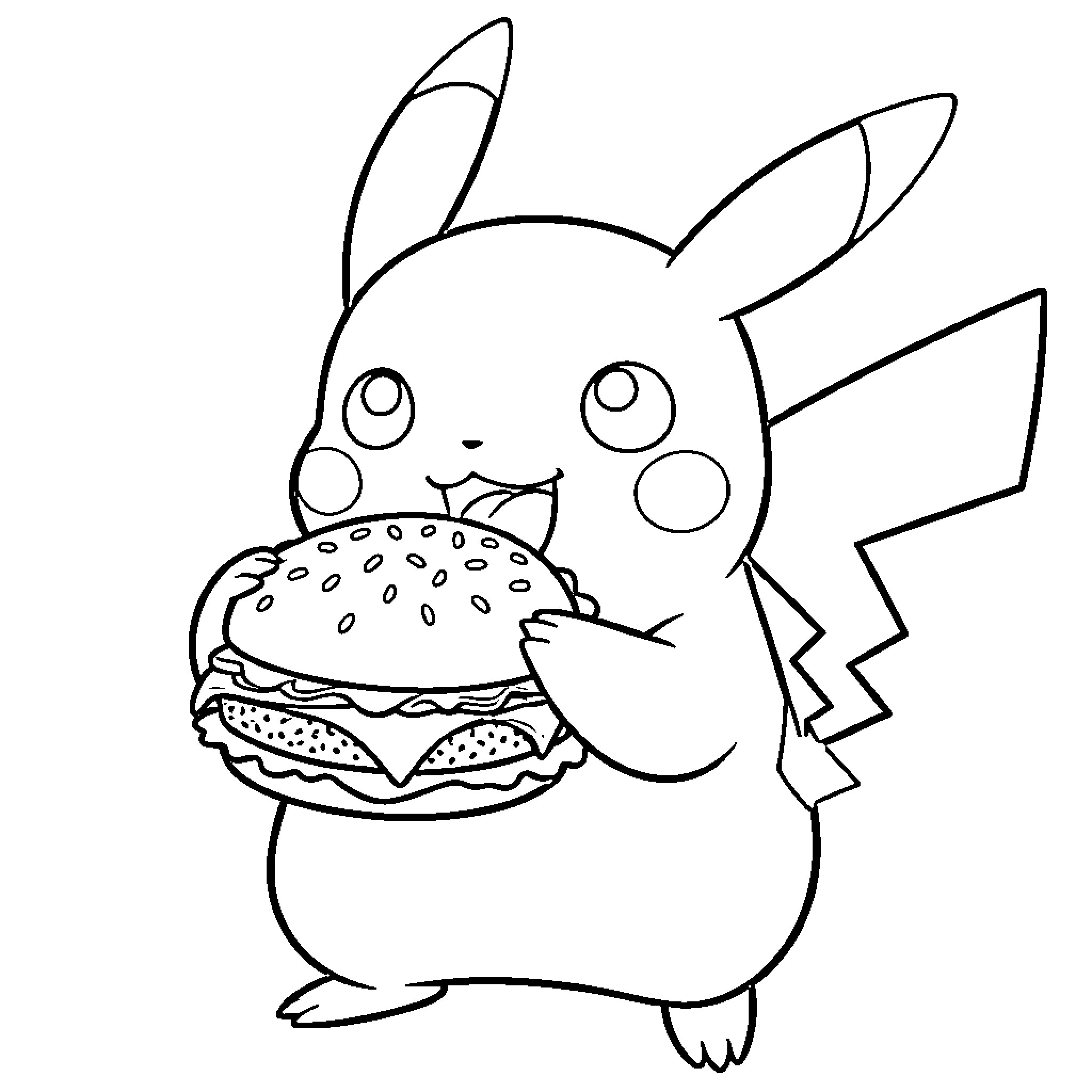 Pikachu Enjoying a Tasty Hamburger Coloring Page (free black-and-white line drawing printable PDF for all, from beginners to advanced learners, including children, teens, adults, and seniors)