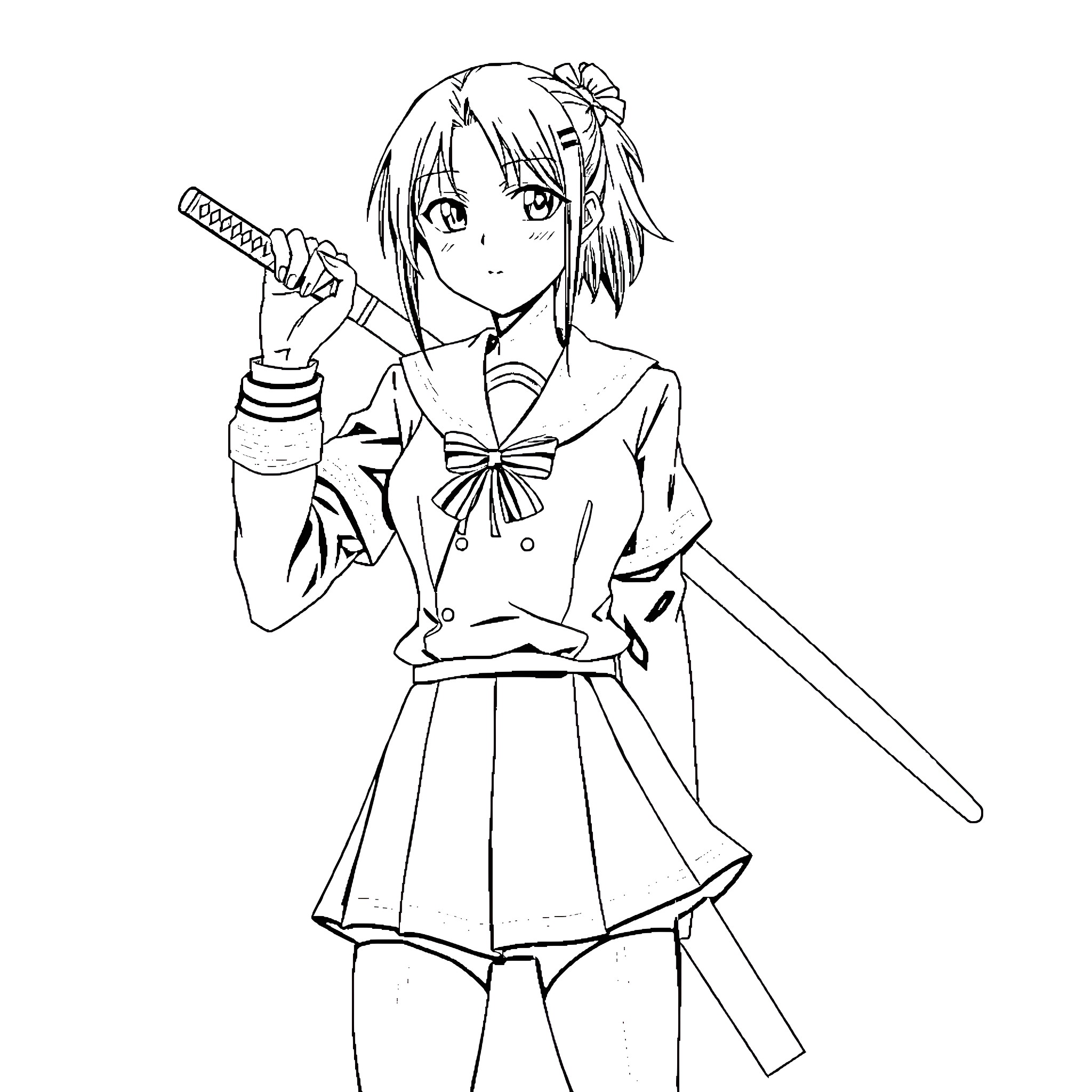 Saeko Busujima wielding a sword in school uniform Coloring Page (free black-and-white line drawing printable PDF for all, from beginners to advanced learners, including children, teens, adults, and seniors)
