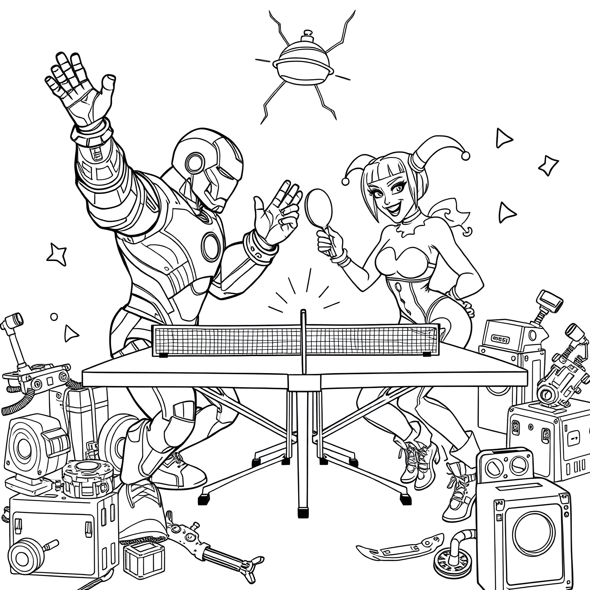 Iron Man Playing Ping Pong with a Playful Companion Coloring Page (free black-and-white line drawing printable PDF for all, from beginners to advanced learners, including children, teens, adults, and seniors)