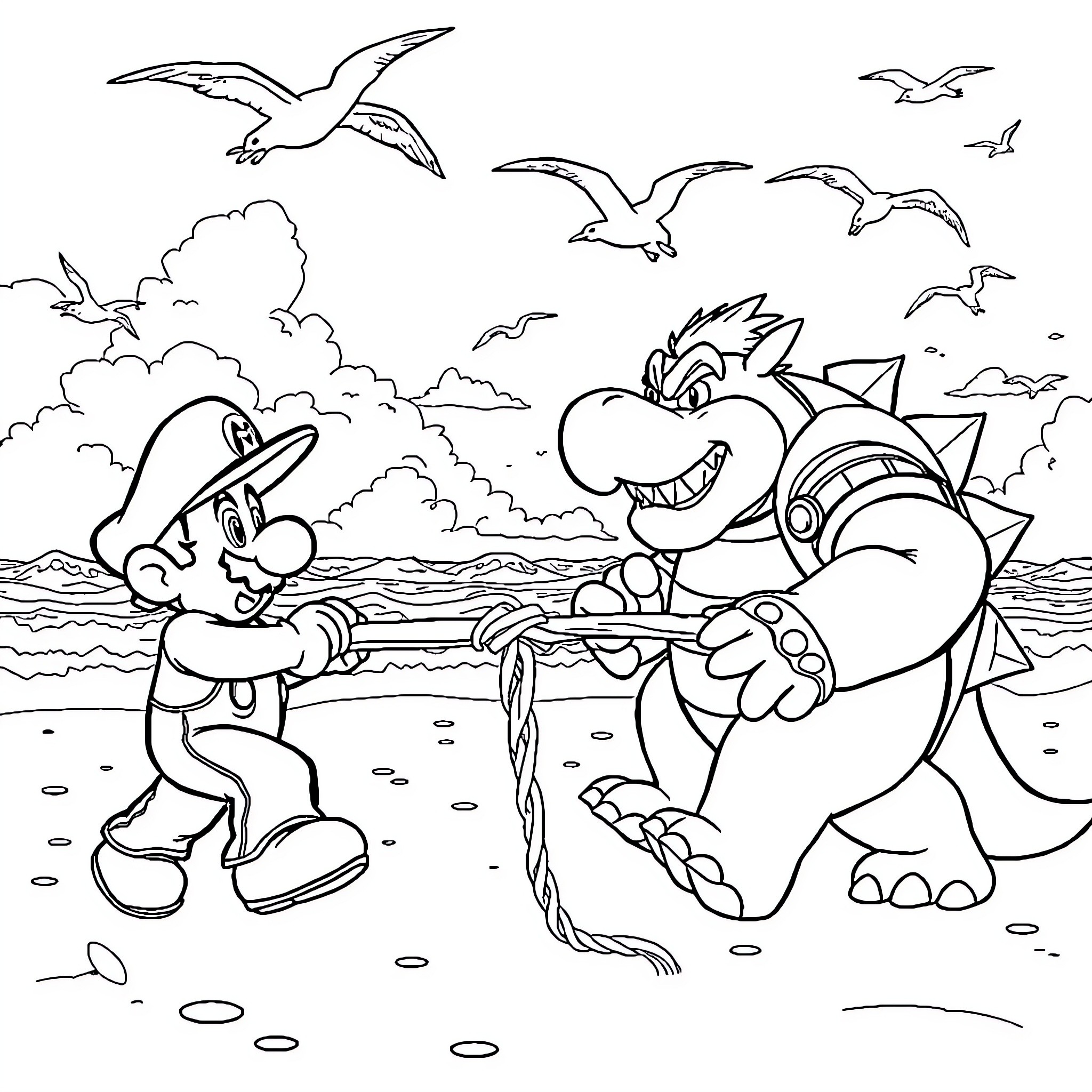 Mario Facing Off with Bowser at the Beach Coloring Page (free black-and-white line drawing printable PDF for all, from beginners to advanced learners, including children, teens, adults, and seniors)