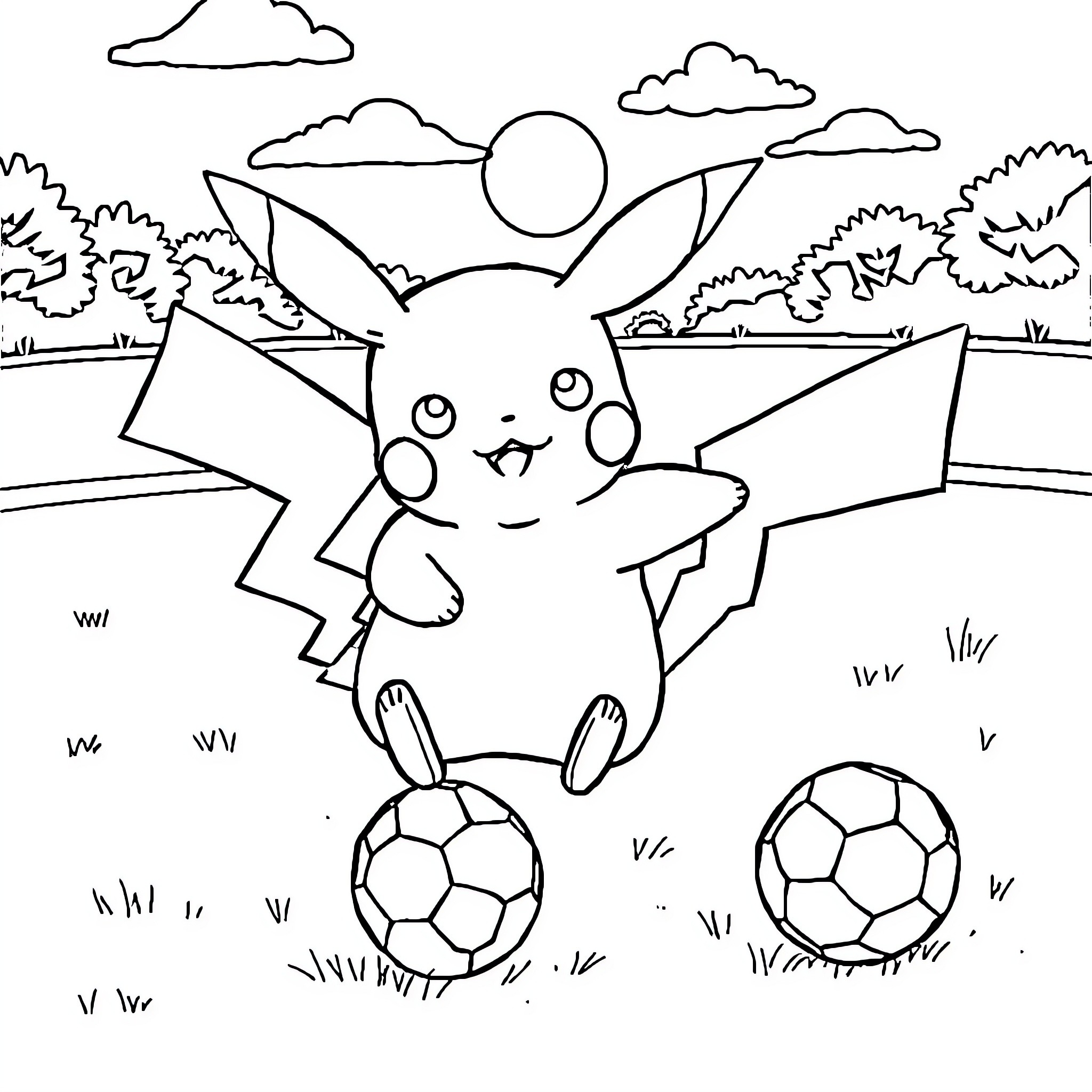 Pikachu playing with soccer balls in a scenic landscape Coloring Page (free black-and-white line drawing printable PDF for all, from beginners to advanced learners, including children, teens, adults, and seniors)