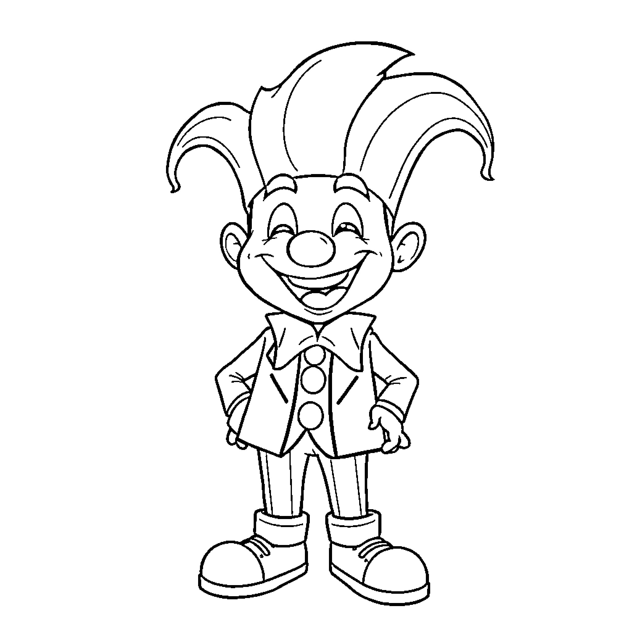 Plim Plim Jester's Joyful Dance Coloring Page (free black-and-white line drawing printable PDF for all, from beginners to advanced learners, including children, teens, adults, and seniors)