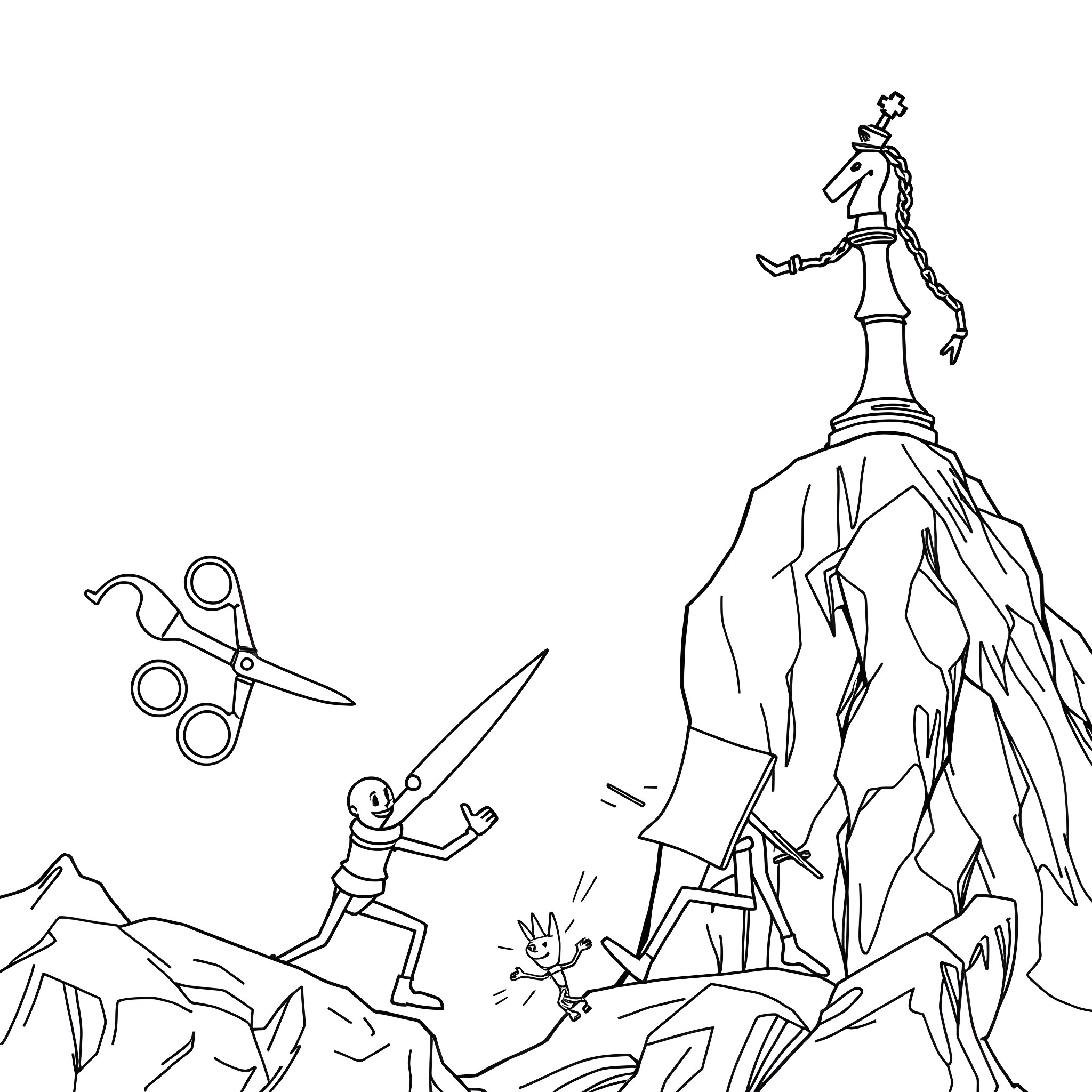 Chess Figure Climbing to the Top of the Mountain Coloring Page (free black-and-white line drawing printable PDF for all, from beginners to advanced learners, including children, teens, adults, and seniors)