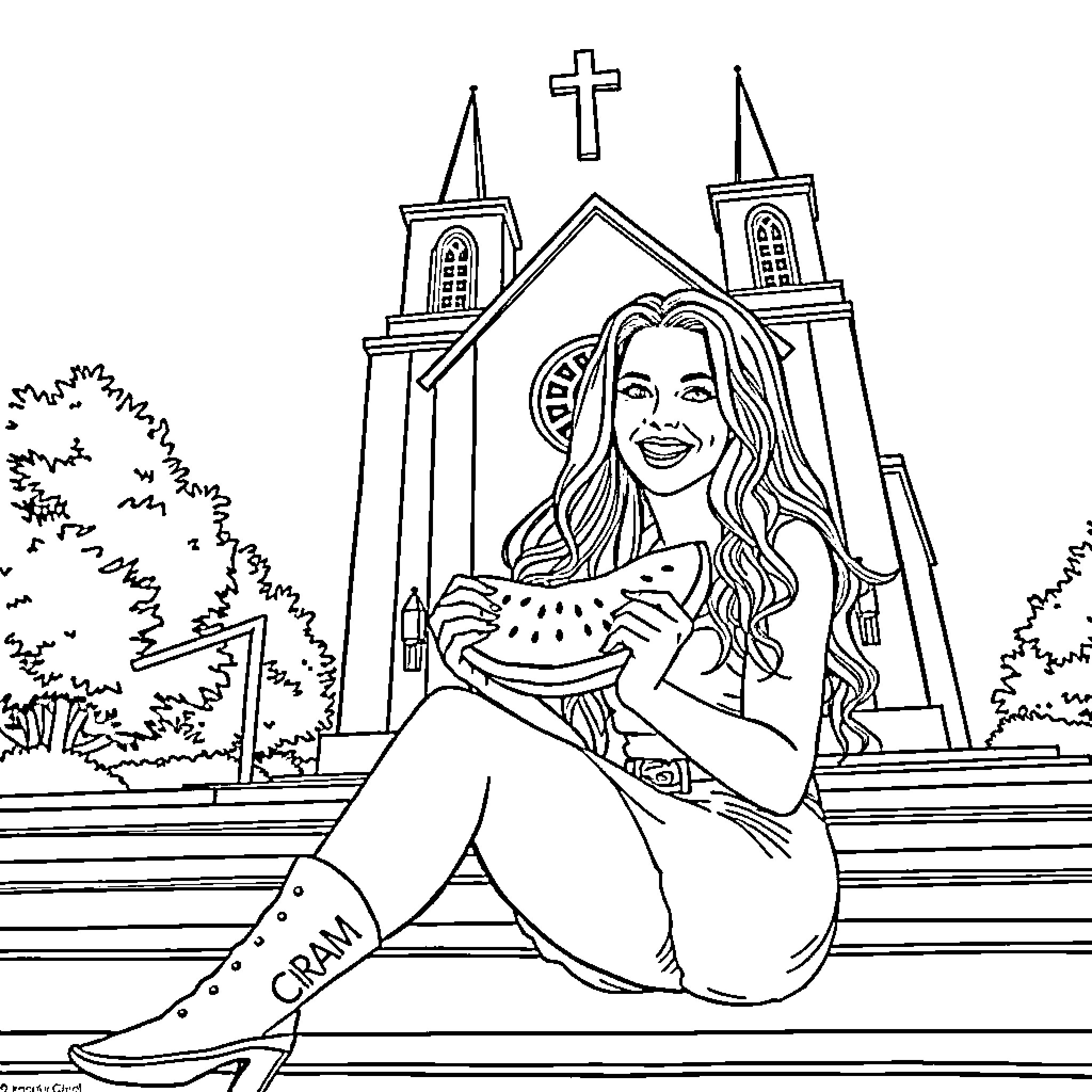 Britney Spears enjoying a watermelon in front of a church Coloring Page (free black-and-white line drawing printable PDF for all, from beginners to advanced learners, including children, teens, adults, and seniors)