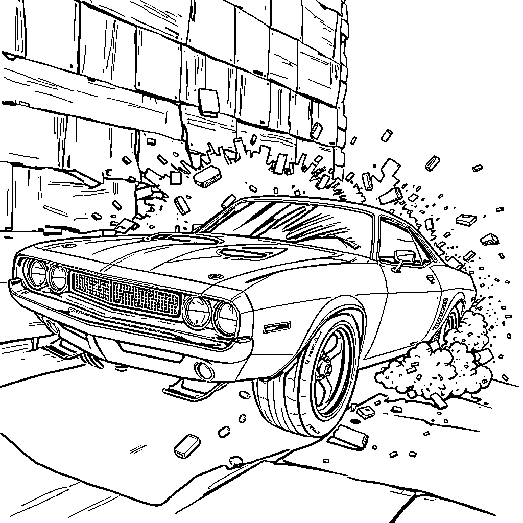 Muscle Car in Explosive Action Scene Coloring Page (free black-and-white line drawing printable PDF for all, from beginners to advanced learners, including children, teens, adults, and seniors)