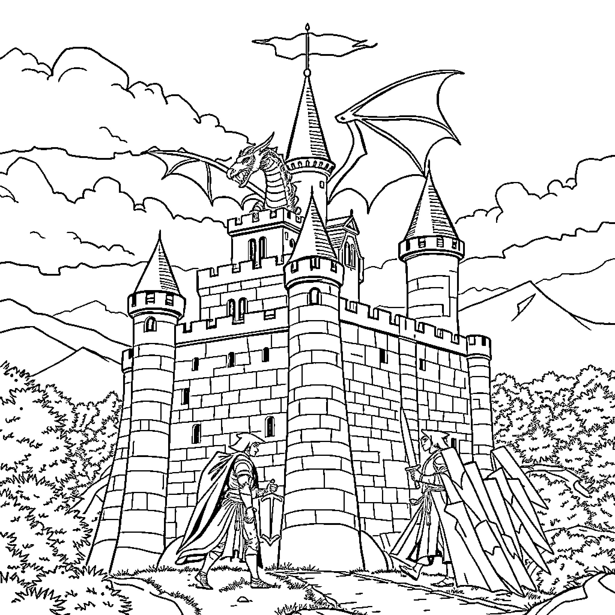 Castle with Fantastical Creatures and Figures Coloring Page (free black-and-white line drawing printable PDF for all, from beginners to advanced learners, including children, teens, adults, and seniors)