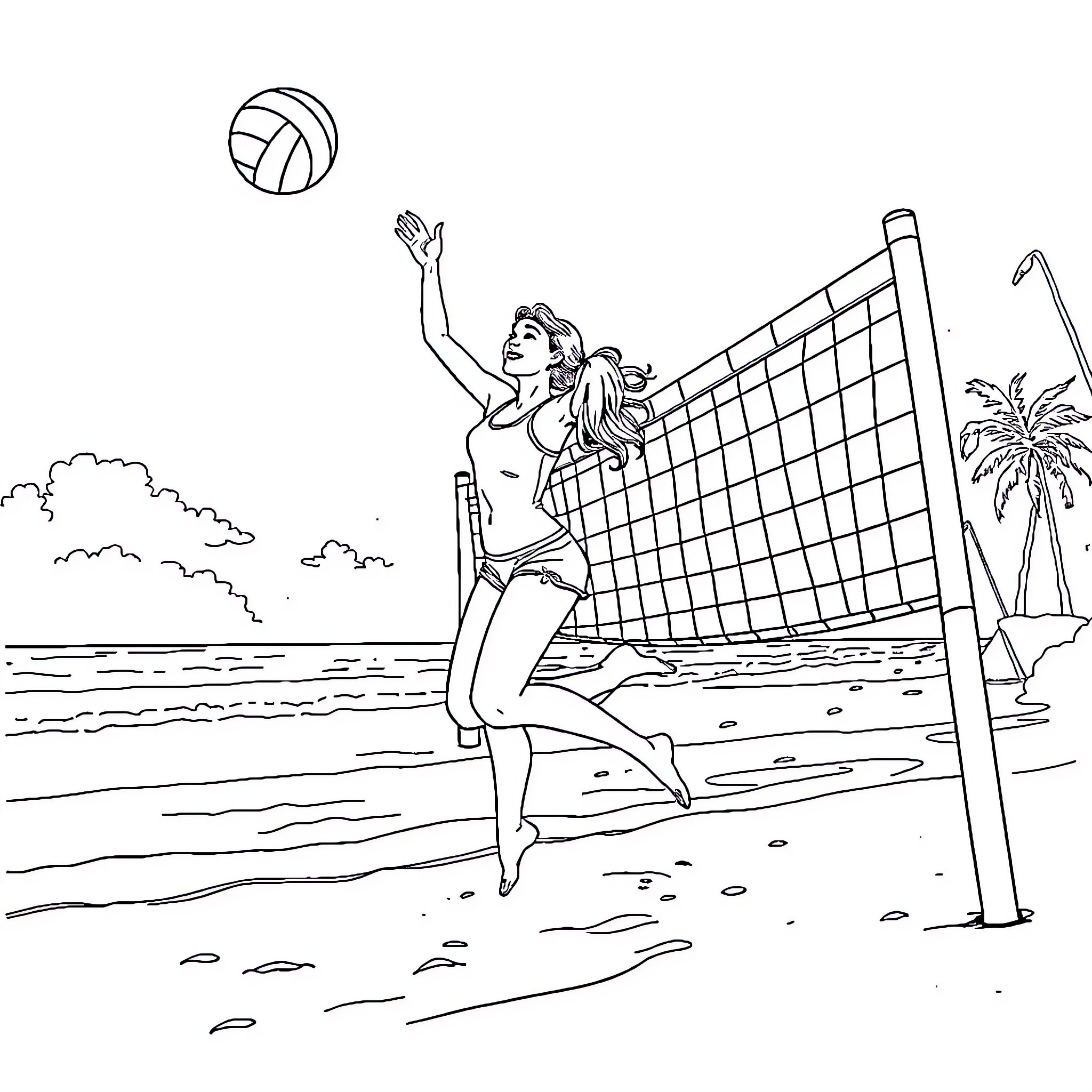 Taylor playing beach volleyball on the sand Coloring Page (free black-and-white line drawing printable PDF for all, from beginners to advanced learners, including children, teens, adults, and seniors)