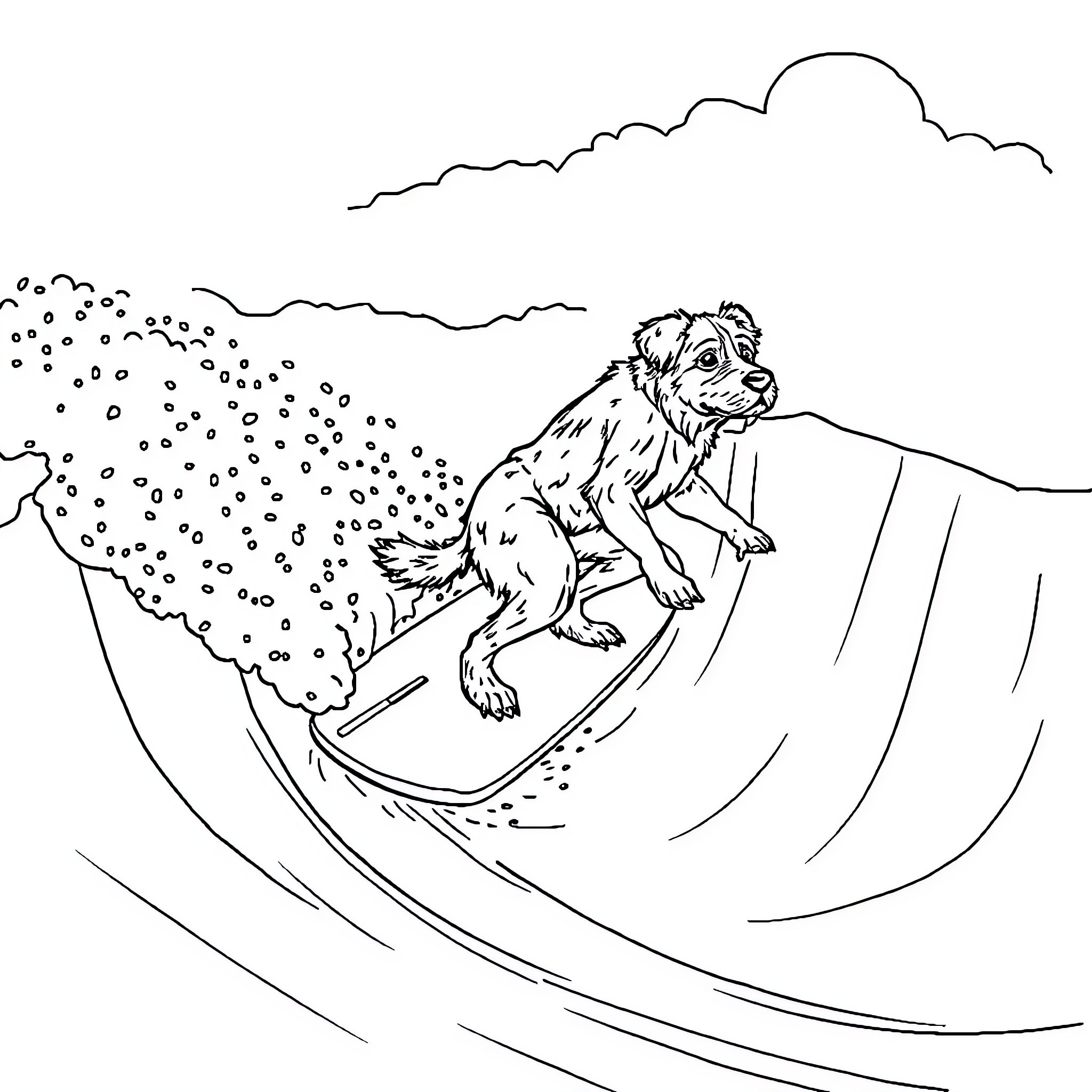 Bulldog surfing on a wave Coloring Page (free black-and-white line drawing printable PDF for all, from beginners to advanced learners, including children, teens, adults, and seniors)