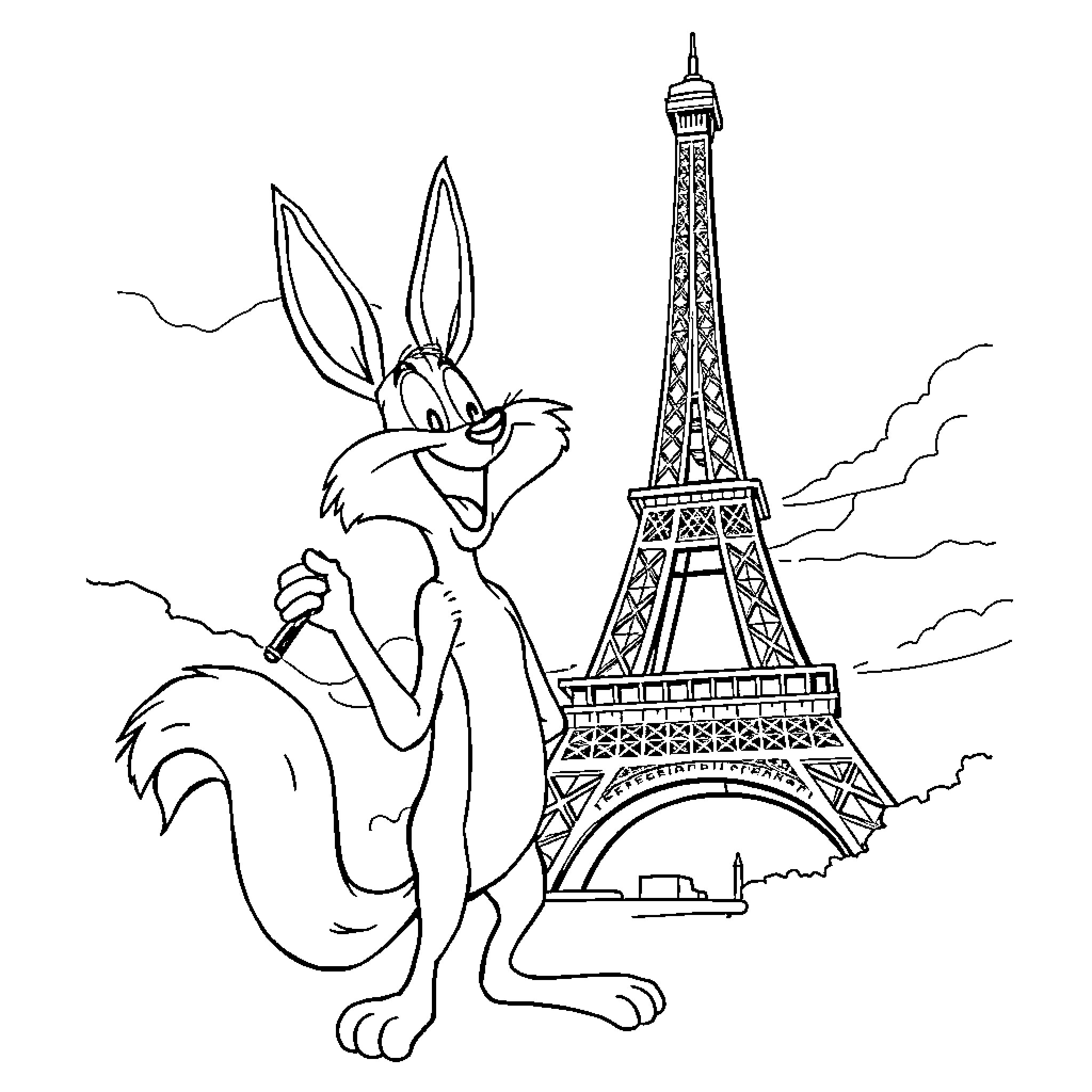 Wile E. Coyote's Parisian Antics Coloring Page (free black-and-white line drawing printable PDF for all, from beginners to advanced learners, including children, teens, adults, and seniors)