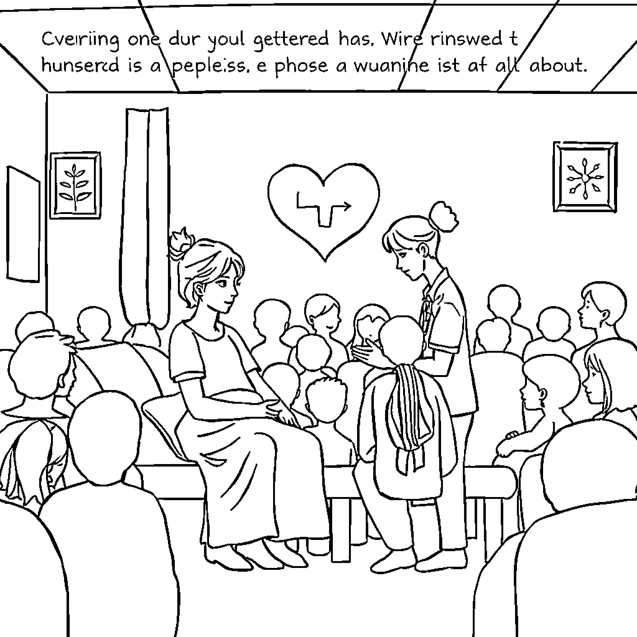 Nursing a Gathering of Caring Individuals Coloring Page (free black-and-white line drawing printable PDF for all, from beginners to advanced learners, including children, teens, adults, and seniors)