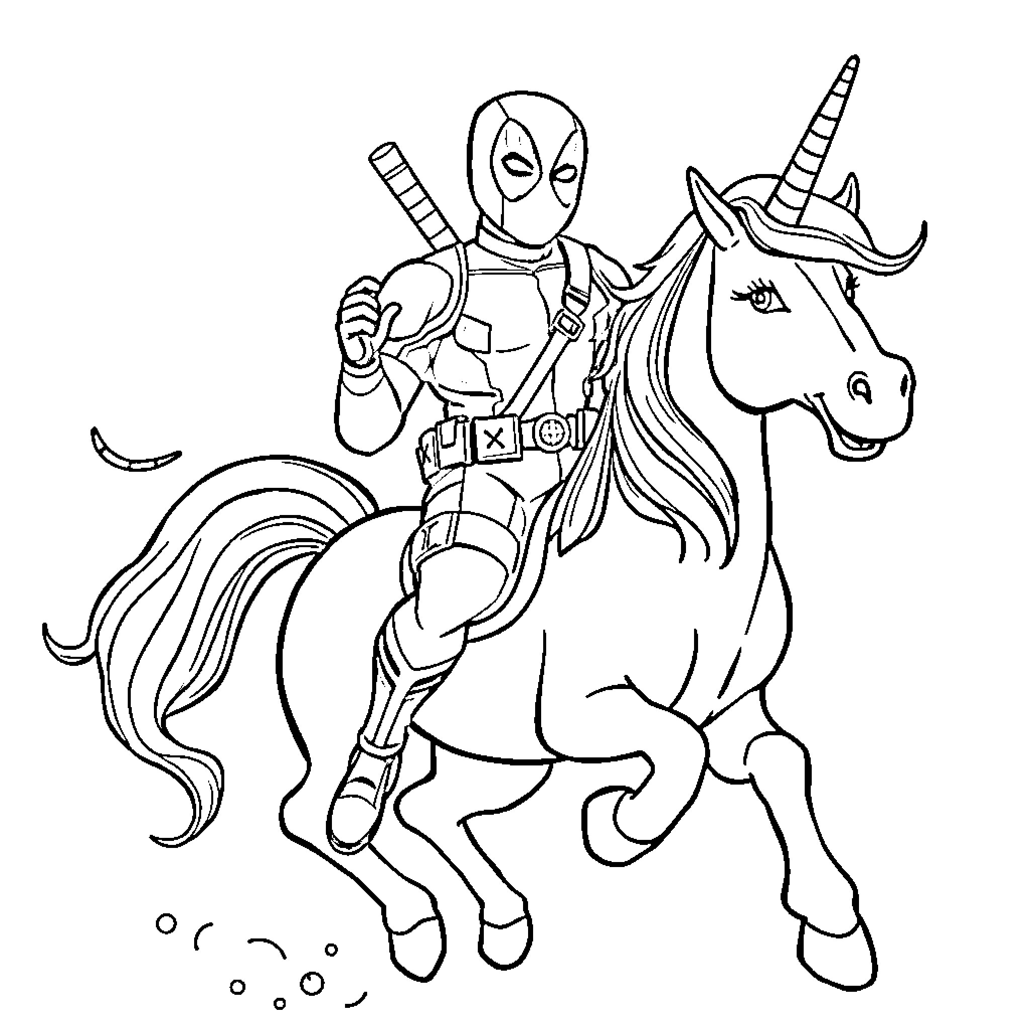 Deadpool riding a unicorn in action Coloring Page (free black-and-white line drawing printable PDF for all, from beginners to advanced learners, including children, teens, adults, and seniors)