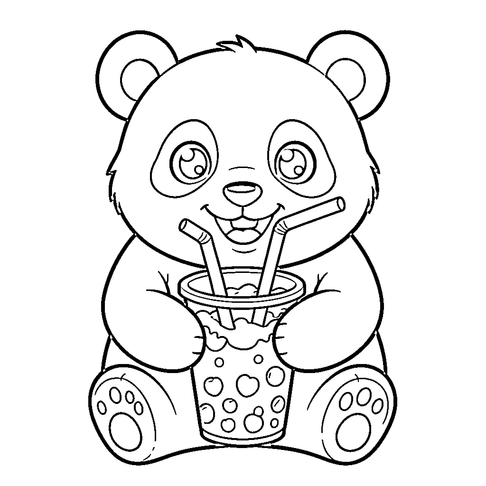 Panda enjoying a refreshing drink Coloring Page (free black-and-white line drawing printable PDF for all, from beginners to advanced learners, including children, teens, adults, and seniors)